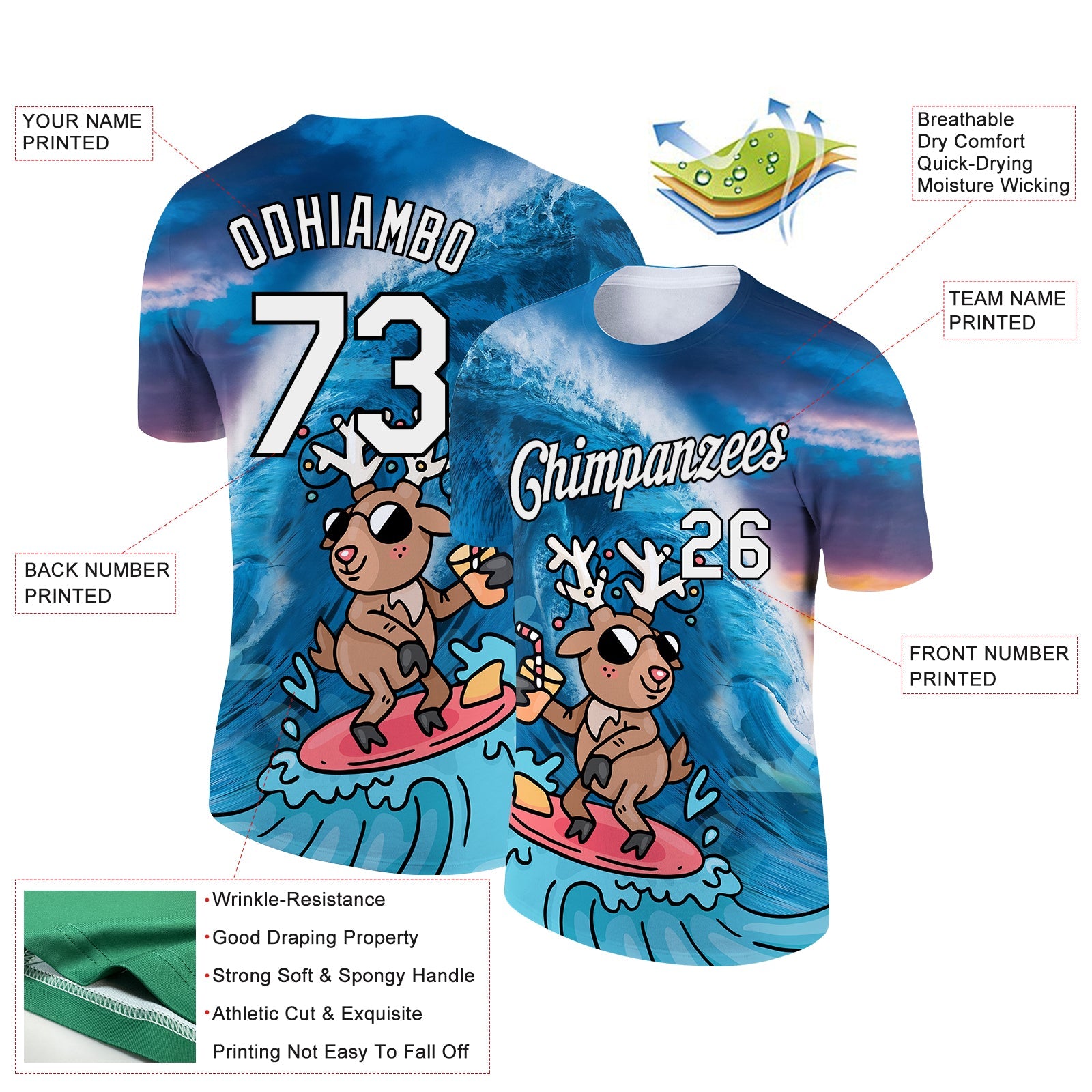 Custom Blue White-Black 3D Pattern Design Extreme Sport Cartoon Animal Deer Surfing Performance T-Shirt view 2