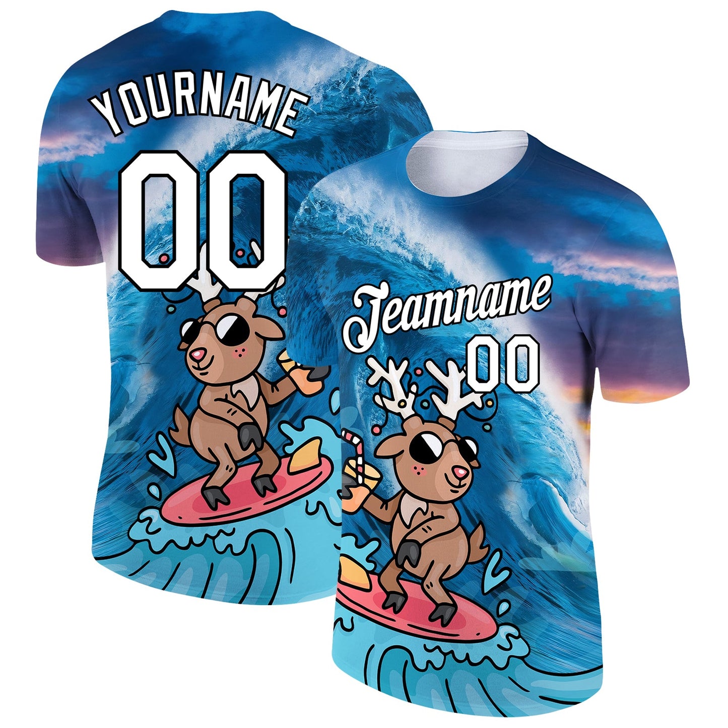 Custom Blue White-Black 3D Pattern Design Extreme Sport Cartoon Animal Deer Surfing Performance T-Shirt - Main View