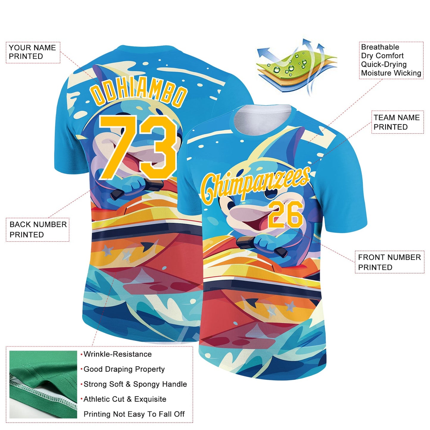 Custom Sky Blue Gold-White 3D Pattern Design Extreme Sport Cartoon Animal Dolphin Surfing Performance T-Shirt view 2