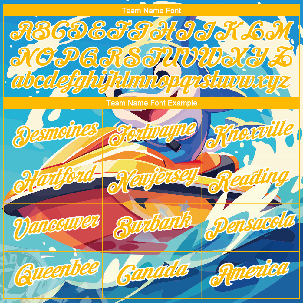 Custom Sky Blue Gold-White 3D Pattern Design Extreme Sport Cartoon Animal Dolphin Surfing Performance T-Shirt view 3