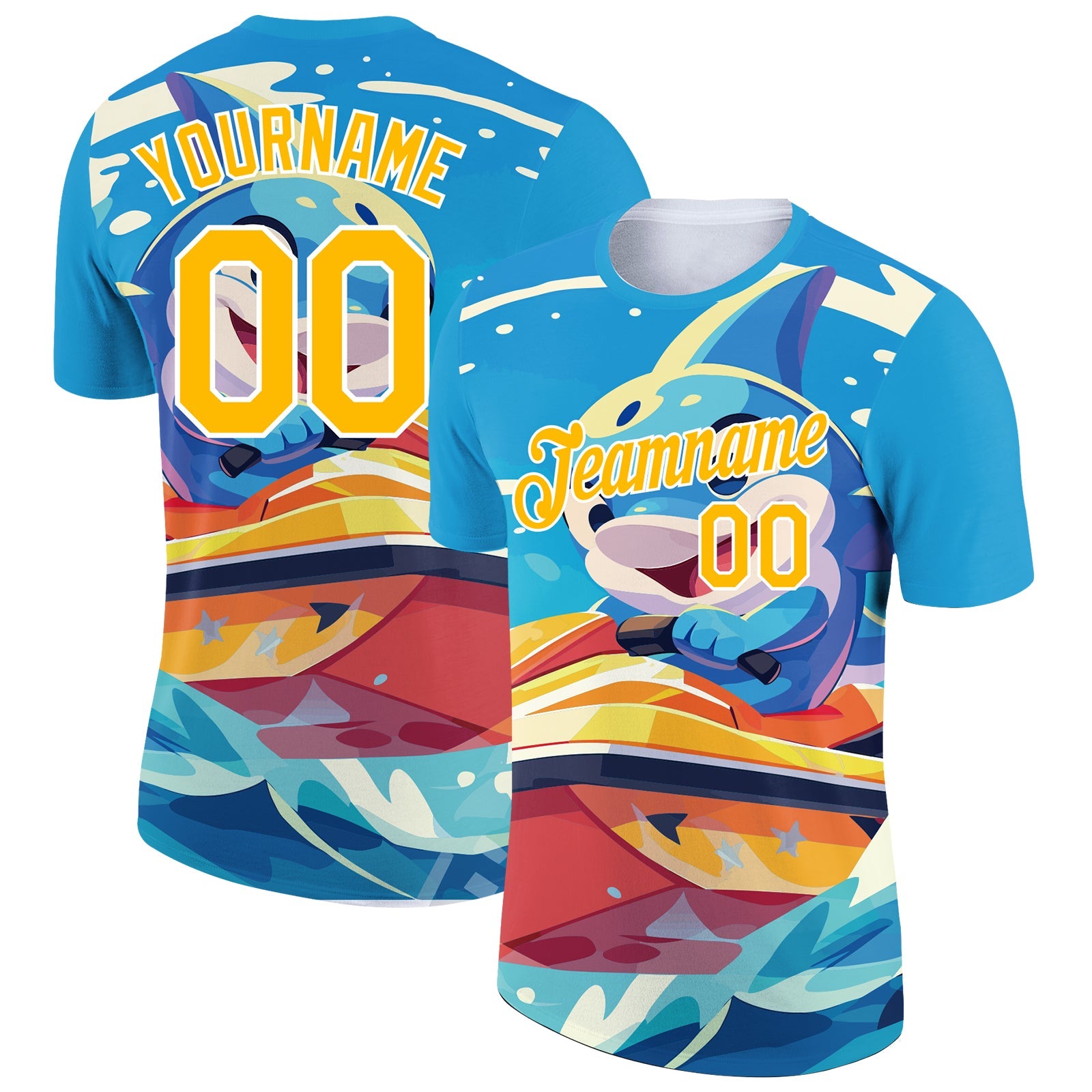Custom Sky Blue Gold-White 3D Pattern Design Extreme Sport Cartoon Animal Dolphin Surfing Performance T-Shirt - Main View