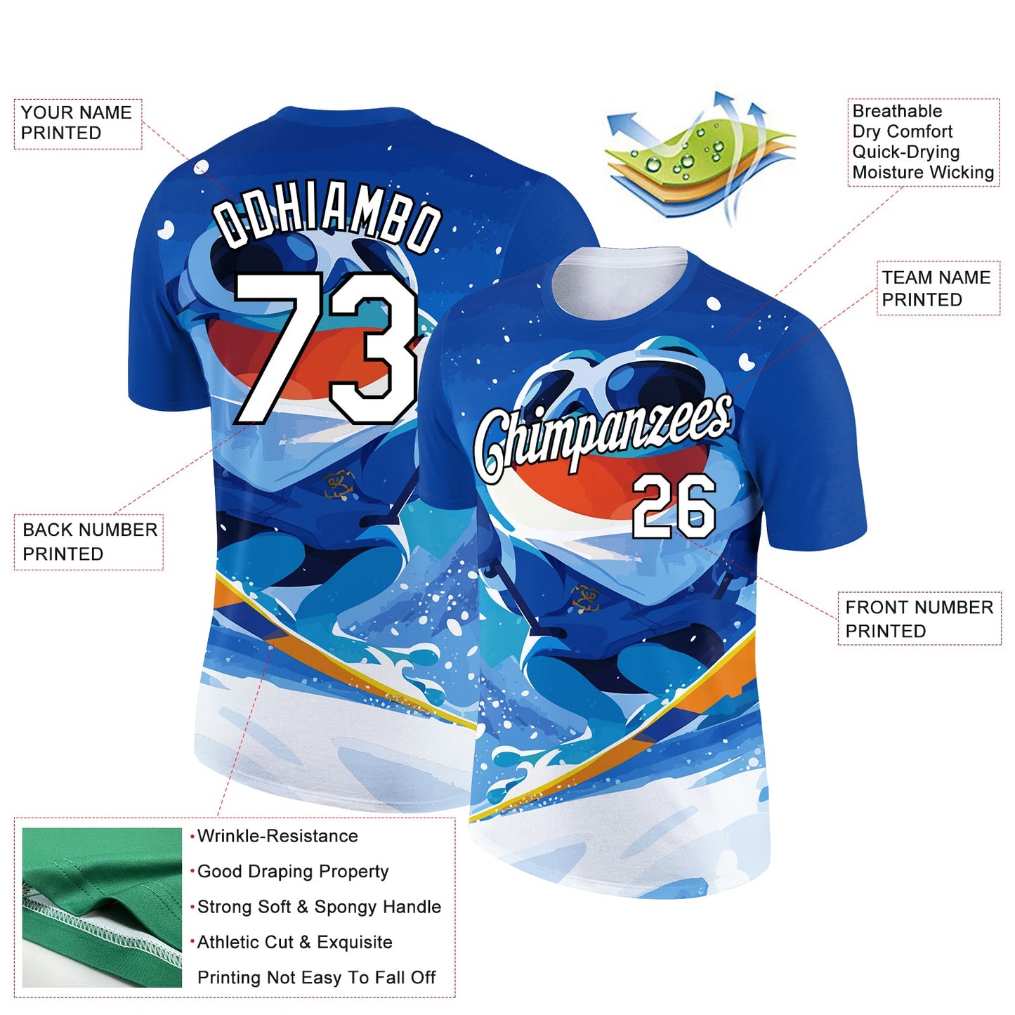 Custom Royal White-Black 3D Pattern Design Extreme Sport Cartoon Animal Frog Skiing Performance T-Shirt view 2