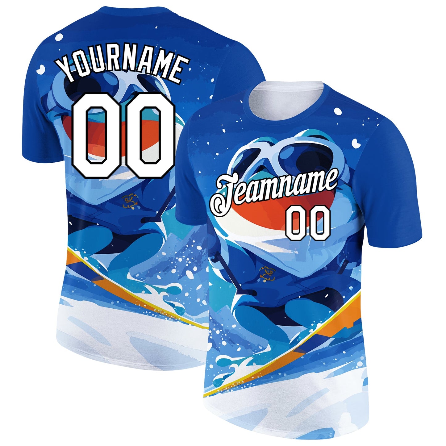 Custom Royal White-Black 3D Pattern Design Extreme Sport Cartoon Animal Frog Skiing Performance T-Shirt - Main View