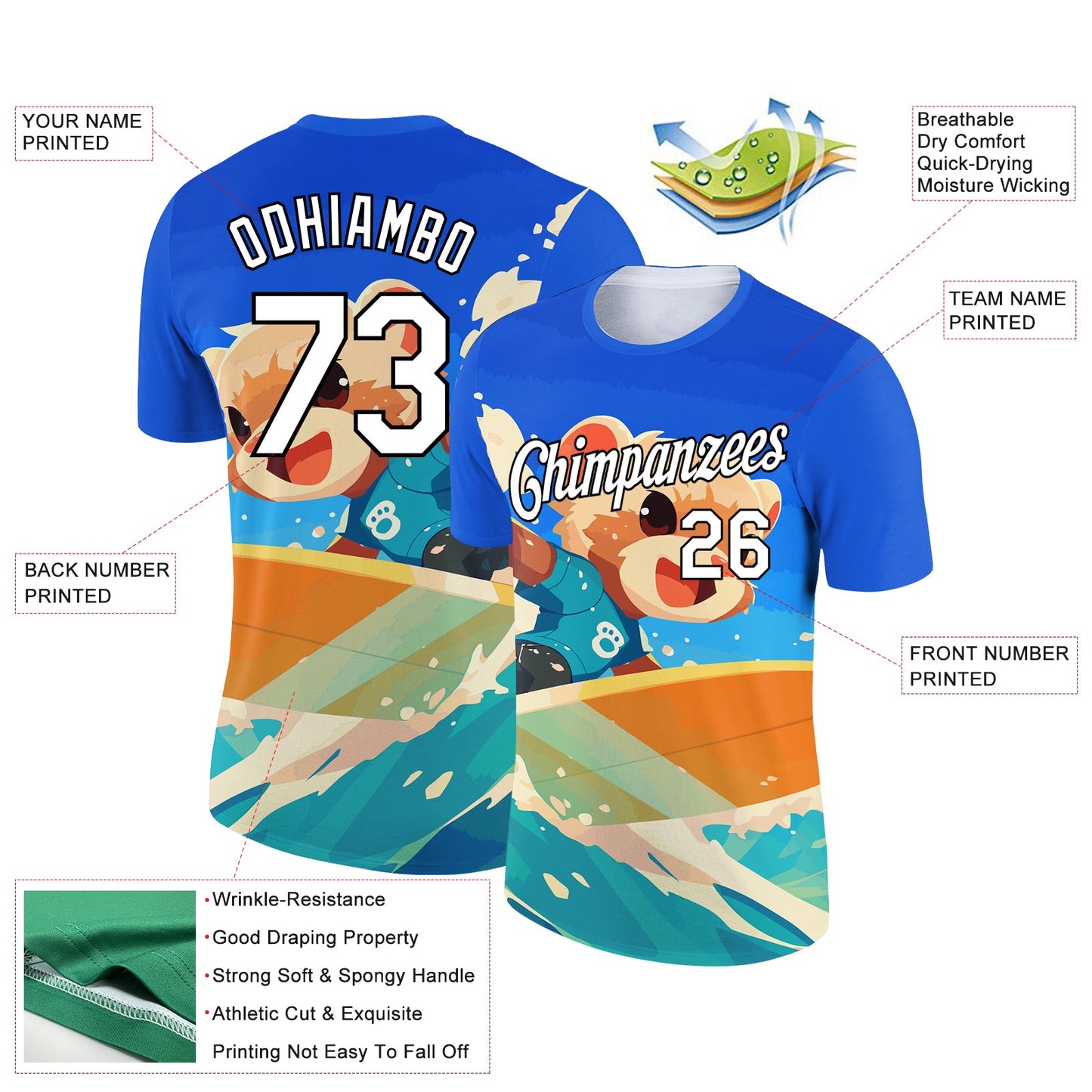 Custom Powder Blue White-Black 3D Pattern Design Extreme Sport Animal Ferret Surfing Performance T-Shirt view 2