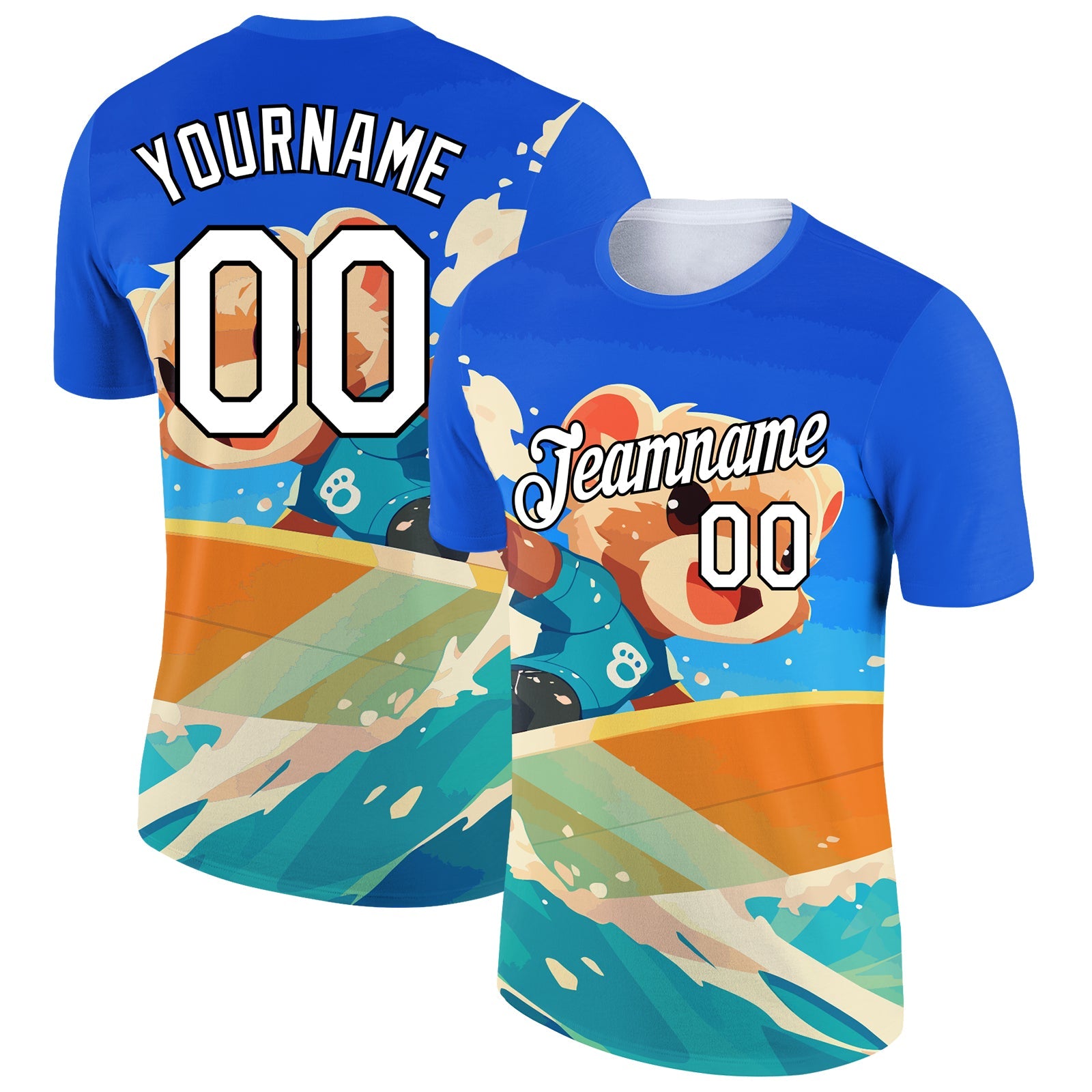 Custom Powder Blue White-Black 3D Pattern Design Extreme Sport Animal Ferret Surfing Performance T-Shirt - Main View