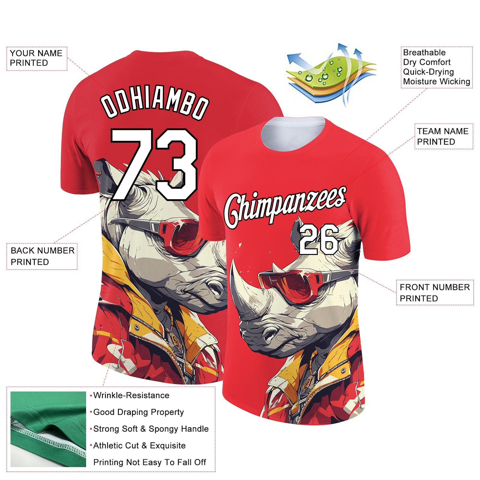 Custom Fire Red White-Black 3D Pattern Design Extreme Sport Cartoon Animal Rhinoceros Ski Instructor Performance T-Shirt view 2