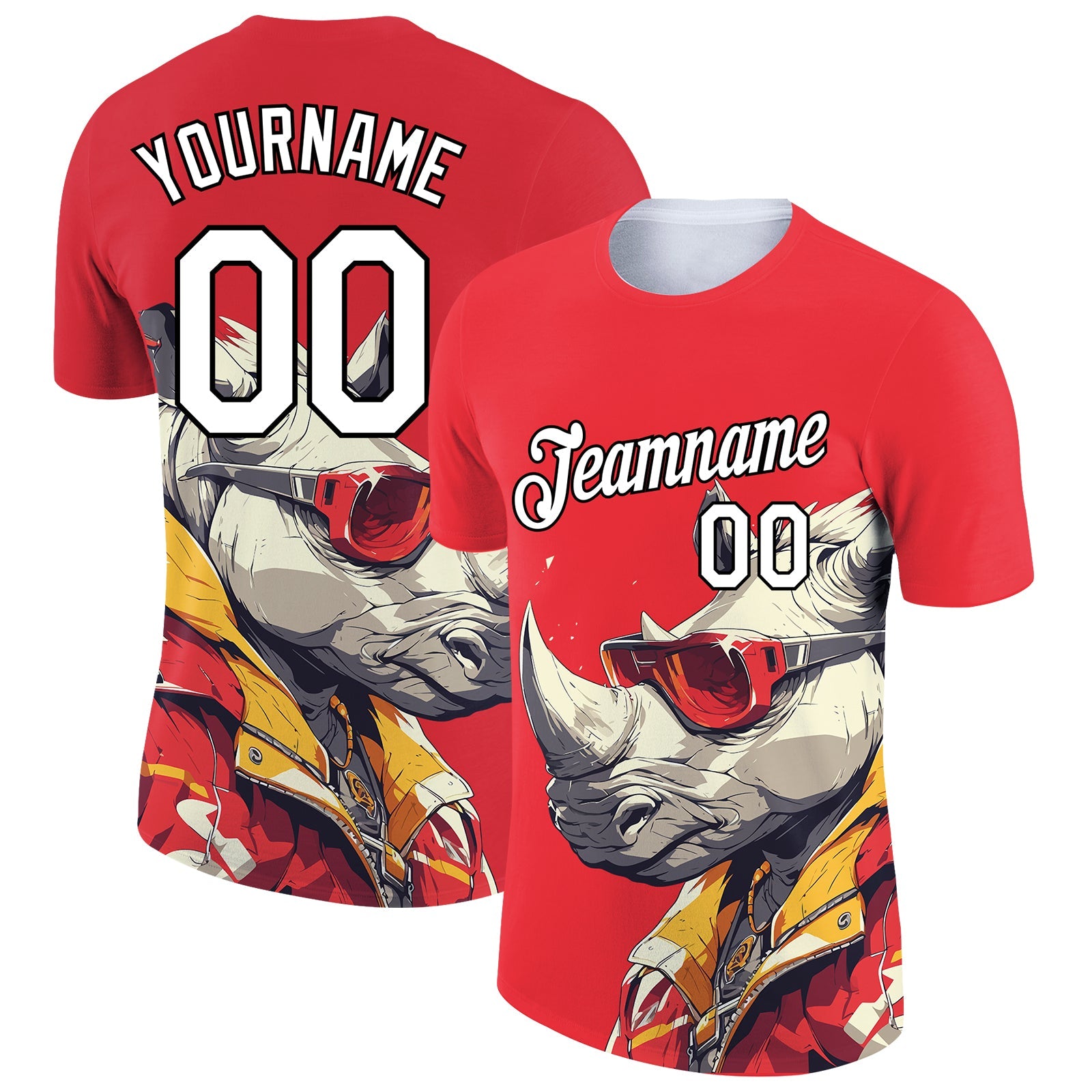 Custom Fire Red White-Black 3D Pattern Design Extreme Sport Cartoon Animal Rhinoceros Ski Instructor Performance T-Shirt - Main View