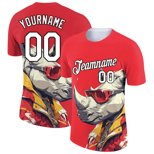 Custom Fire Red White-Black 3D Pattern Design Extreme Sport Cartoon Animal Rhinoceros Ski Instructor Performance T-Shirt - Main View