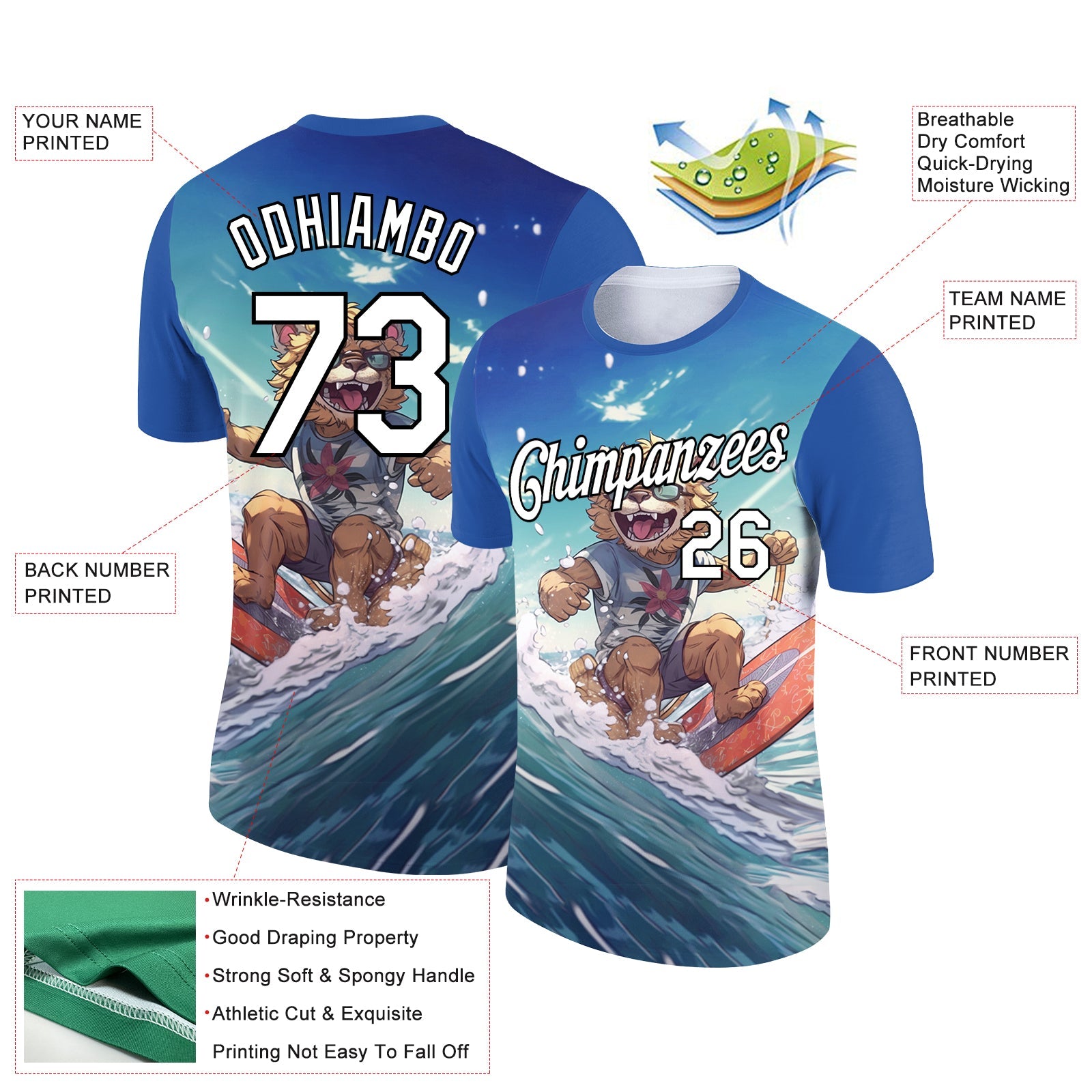 Custom Sky Blue White-Black 3D Pattern Design Extreme Sport Cartoon Animal Lion Surfing Performance T-Shirt view 2