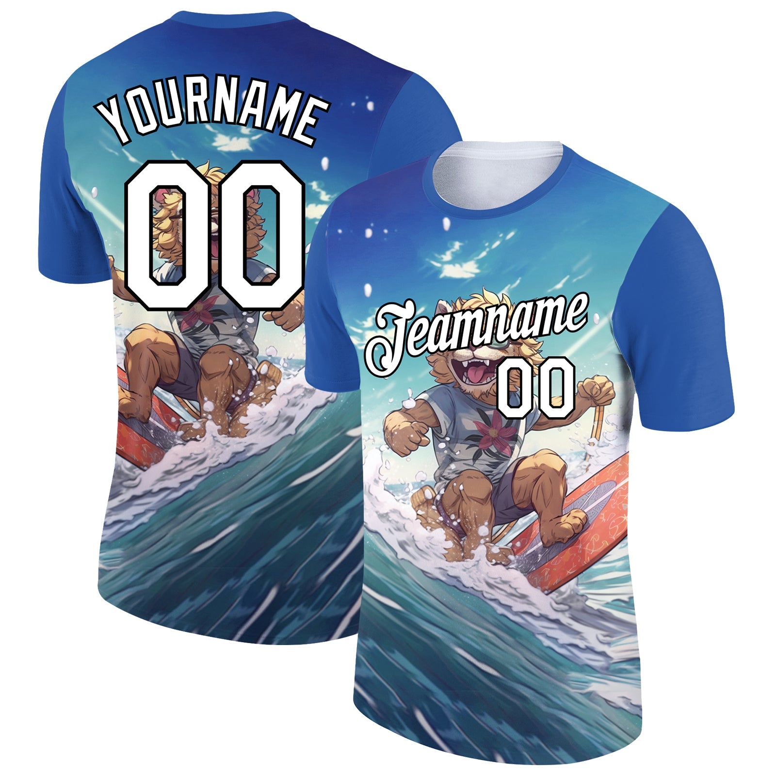 Custom Sky Blue White-Black 3D Pattern Design Extreme Sport Cartoon Animal Lion Surfing Performance T-Shirt - Main View