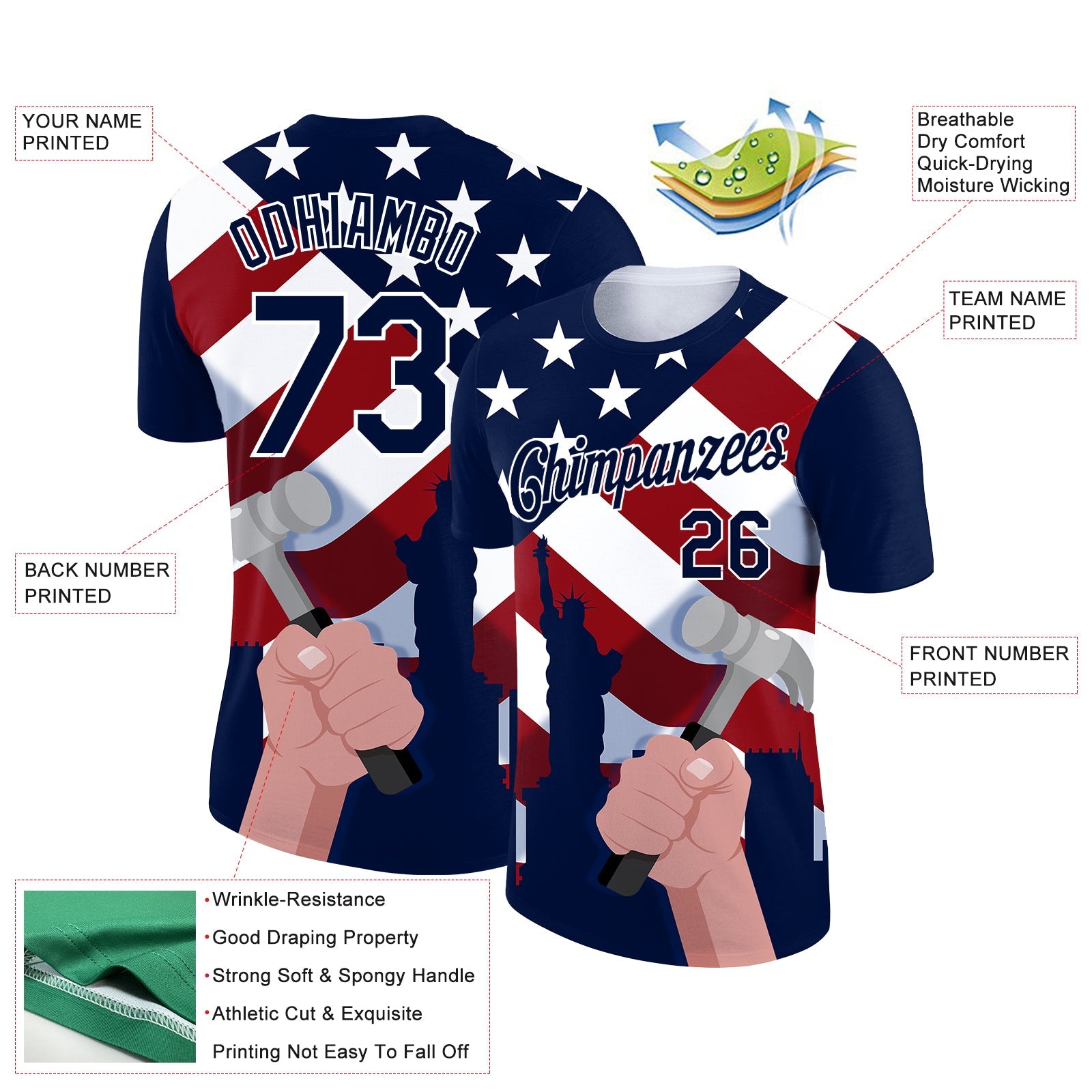 Custom Royal Red-White 3D Pattern Design American Flag Statue of Liberty Tool Hammer Labor Day Performance T-Shirt view 2