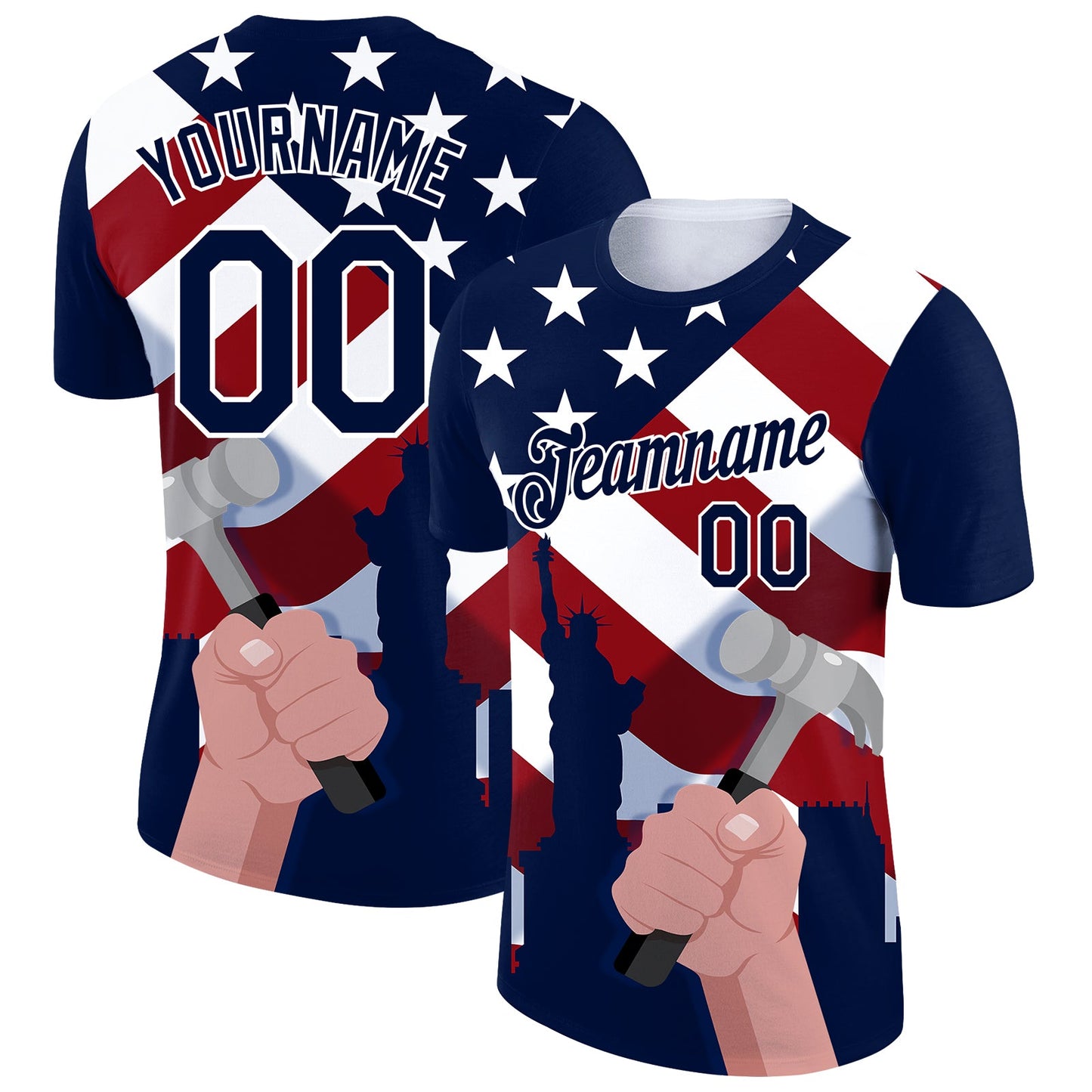 Custom Royal Red-White 3D Pattern Design American Flag Statue of Liberty Tool Hammer Labor Day Performance T-Shirt - Main View