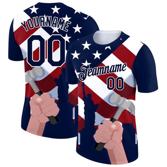 Custom Royal Red-White 3D Pattern Design American Flag Statue of Liberty Tool Hammer Labor Day Performance T-Shirt - Main View