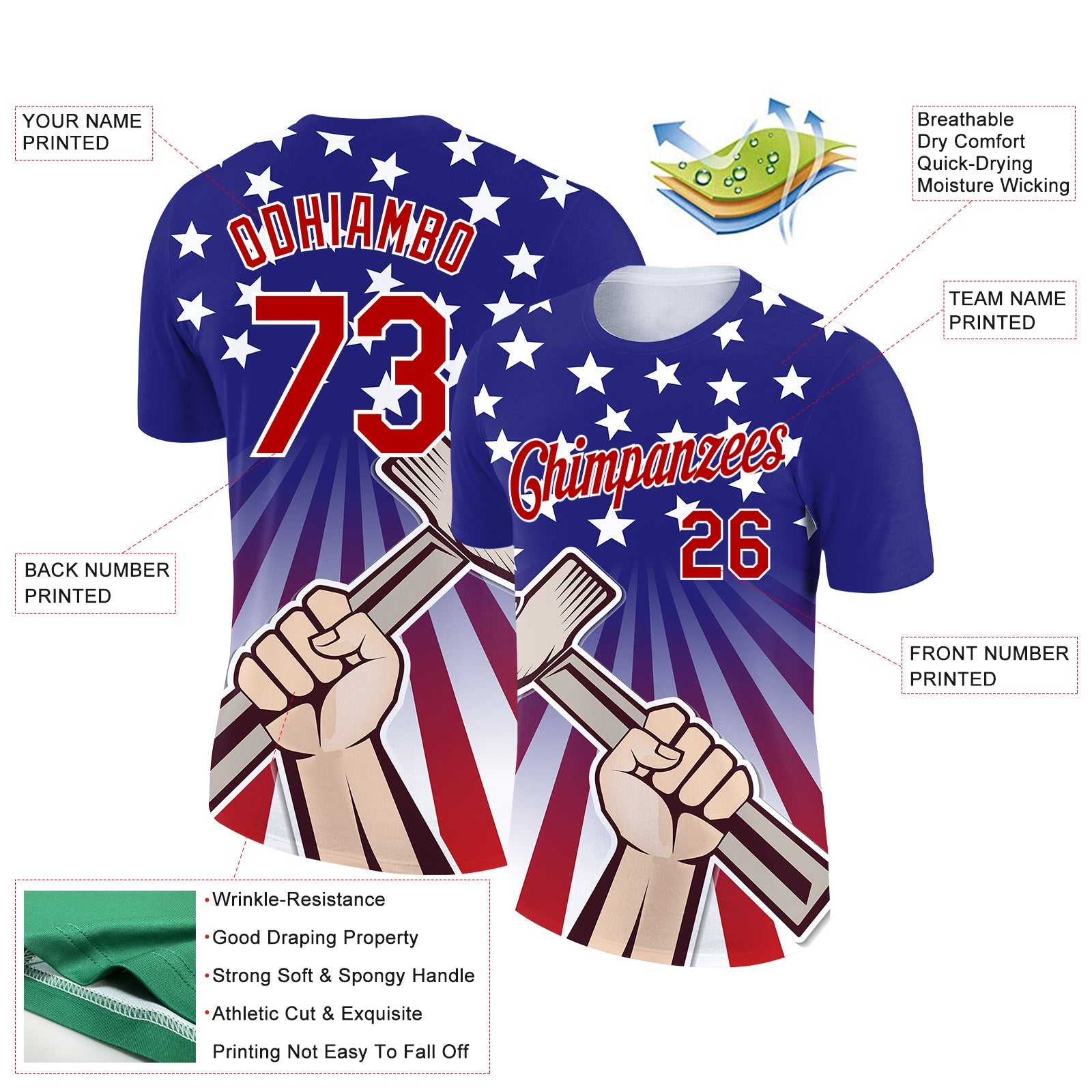 Custom Dark Purple Red-White 3D Pattern Design American Flag Tool Hammer Labor Day Performance T-Shirt view 2