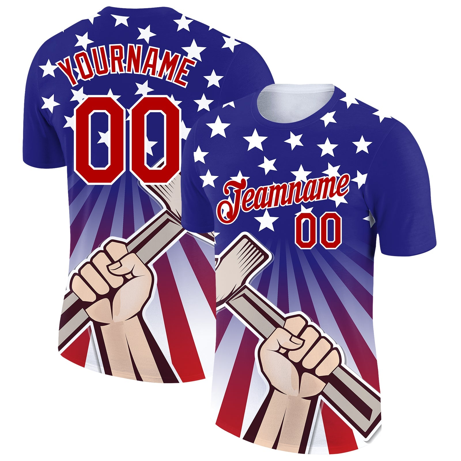 Custom Dark Purple Red-White 3D Pattern Design American Flag Tool Hammer Labor Day Performance T-Shirt - Main View