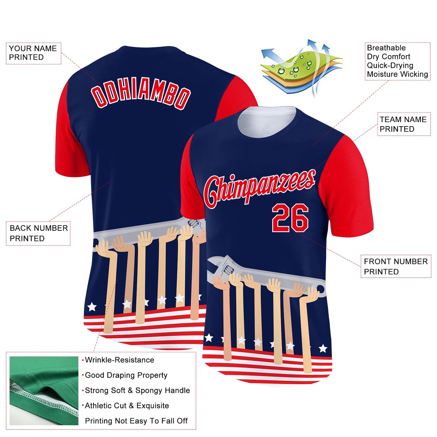 Custom Navy Fire Red-White 3D Pattern Design American Flag Tool Wrench Labor Day Performance T-Shirt view 2