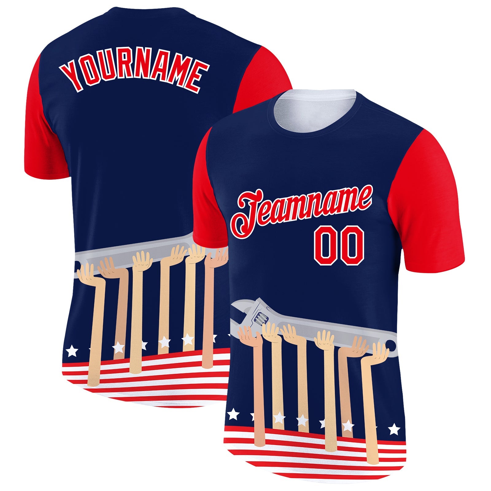 Custom Navy Fire Red-White 3D Pattern Design American Flag Tool Wrench Labor Day Performance T-Shirt - Main View