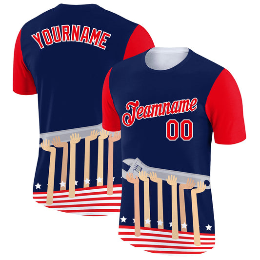 Custom Navy Fire Red-White 3D Pattern Design American Flag Tool Wrench Labor Day Performance T-Shirt - Main View