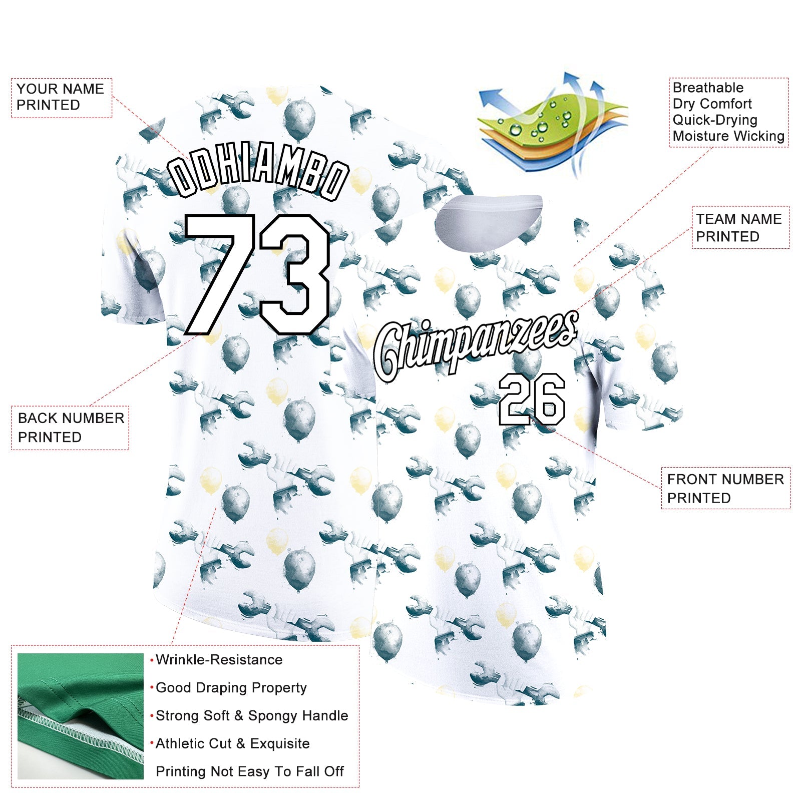 Custom White Black 3D Pattern Design Balloon And Tool Wrench Labor Day Performance T-Shirt view 2