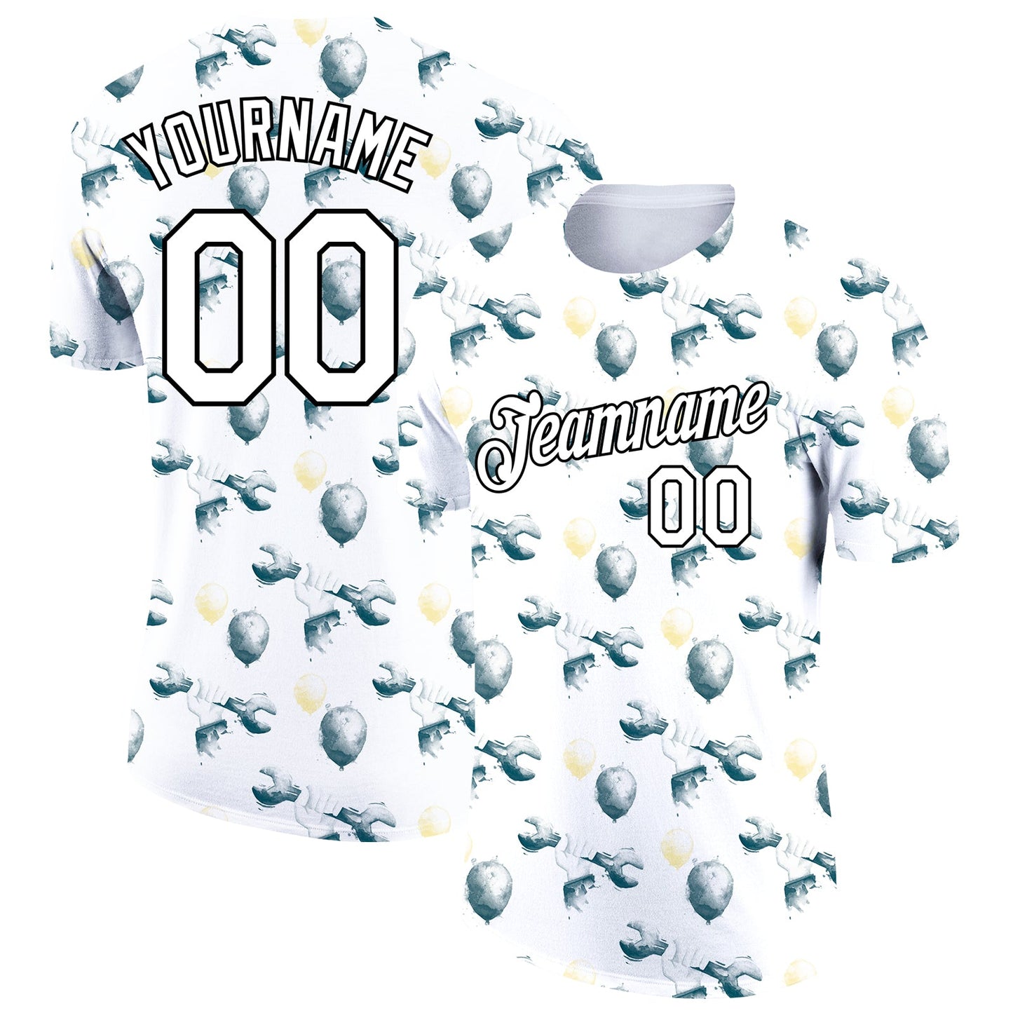 Custom White Black 3D Pattern Design Balloon And Tool Wrench Labor Day Performance T-Shirt - Main View