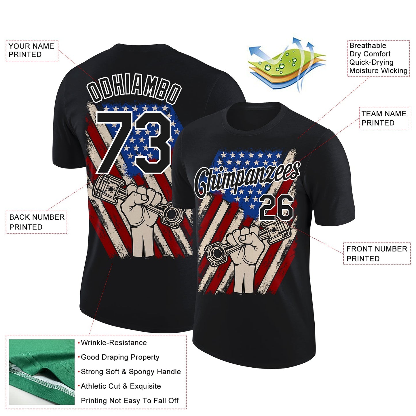 Custom Black White 3D Pattern Design American Flag Tool Wrench Labor Day Performance T-Shirt view 2