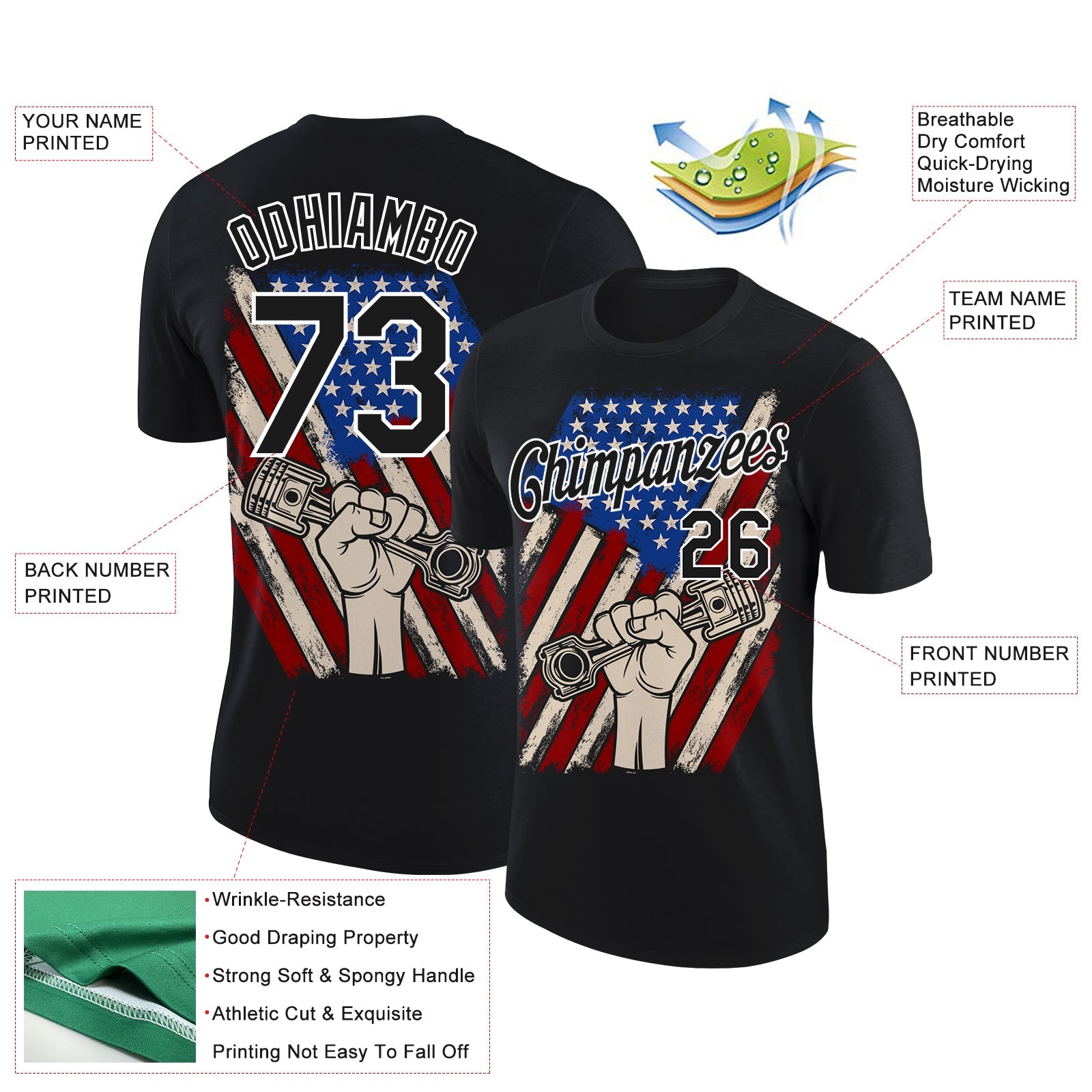 Custom Black White 3D Pattern Design American Flag Tool Wrench Labor Day Performance T-Shirt view 2