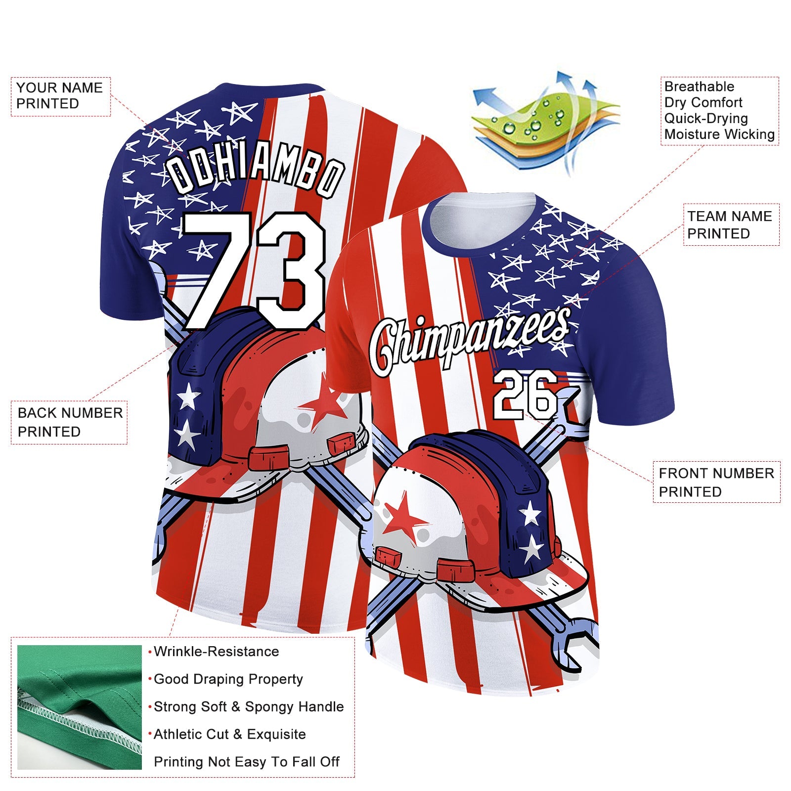 Custom Red Blue-Black 3D Pattern Design American Flag Tool Wrench Labor Day Performance T-Shirt view 2