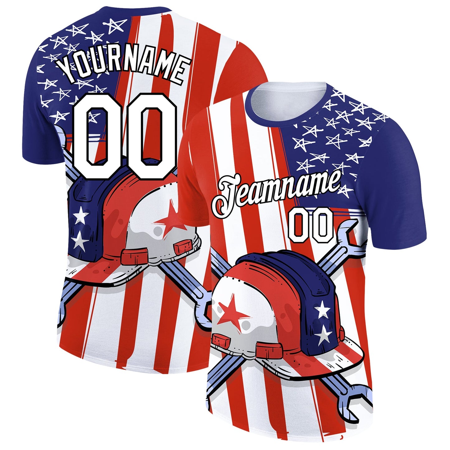 Custom Red Blue-Black 3D Pattern Design American Flag Tool Wrench Labor Day Performance T-Shirt - Main View