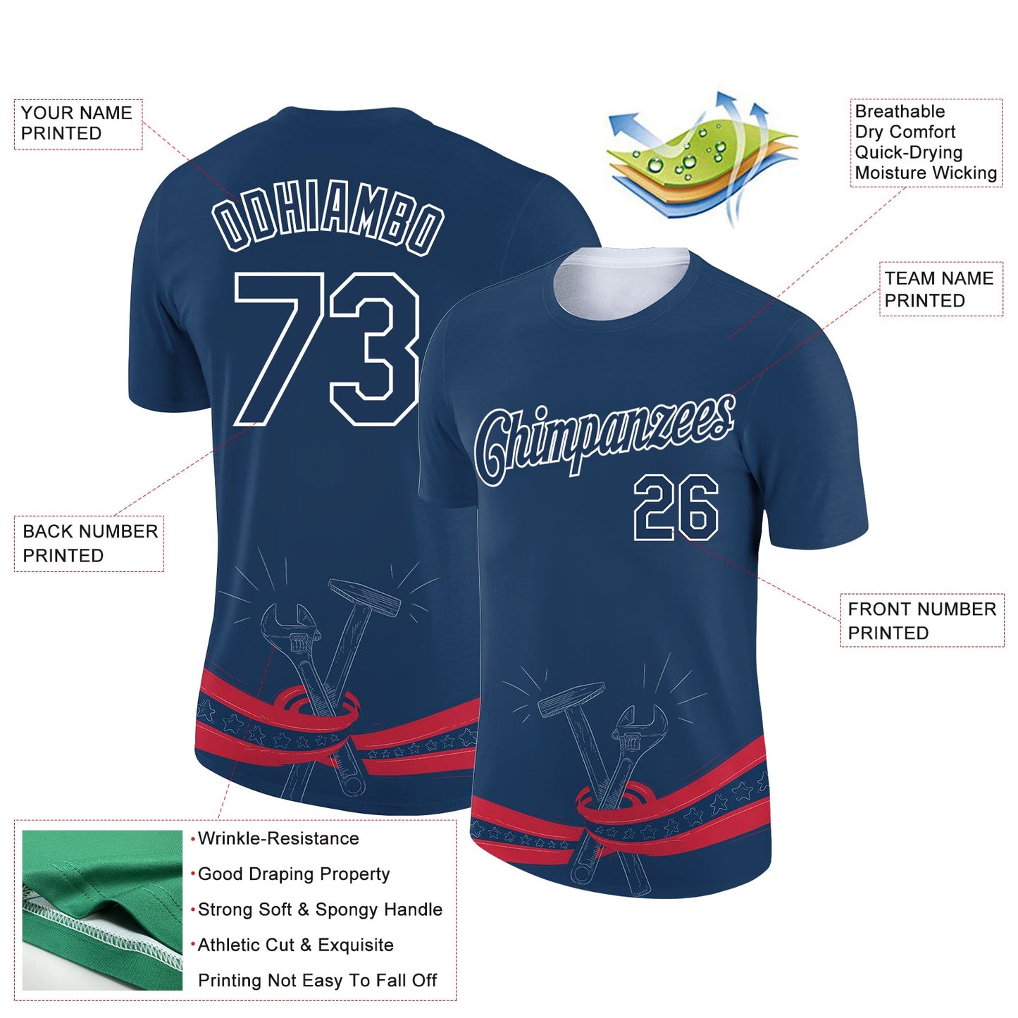 Custom US Navy Blue White-Red 3D Pattern Design Tool Wrench And Hammer Labor Day Performance T-Shirt view 2