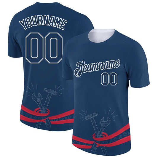 Custom US Navy Blue White-Red 3D Pattern Design Tool Wrench And Hammer Labor Day Performance T-Shirt - Main View