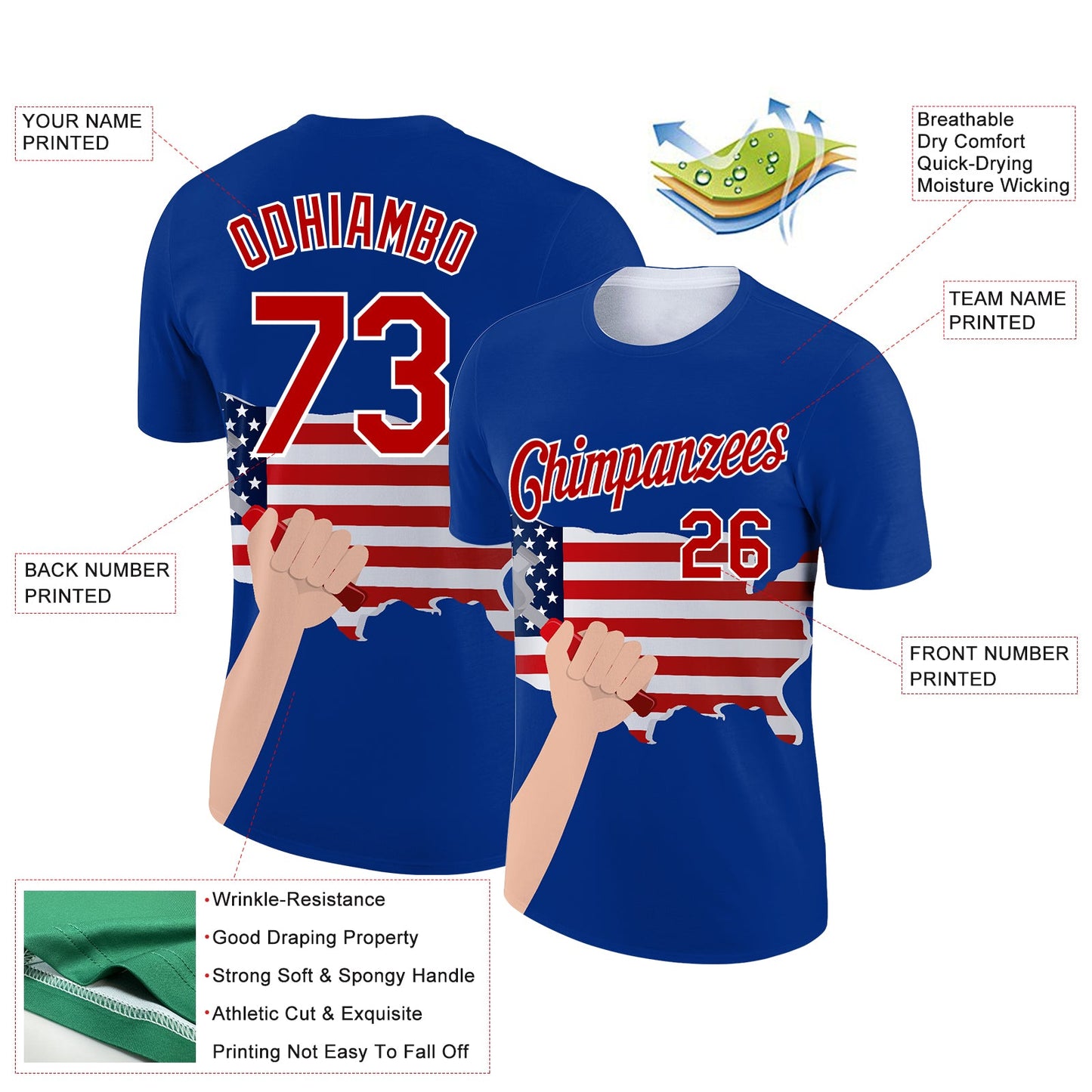 Custom Royal Red-White 3D Pattern Design American Flag Tool Hammer Labor Day Performance T-Shirt view 2