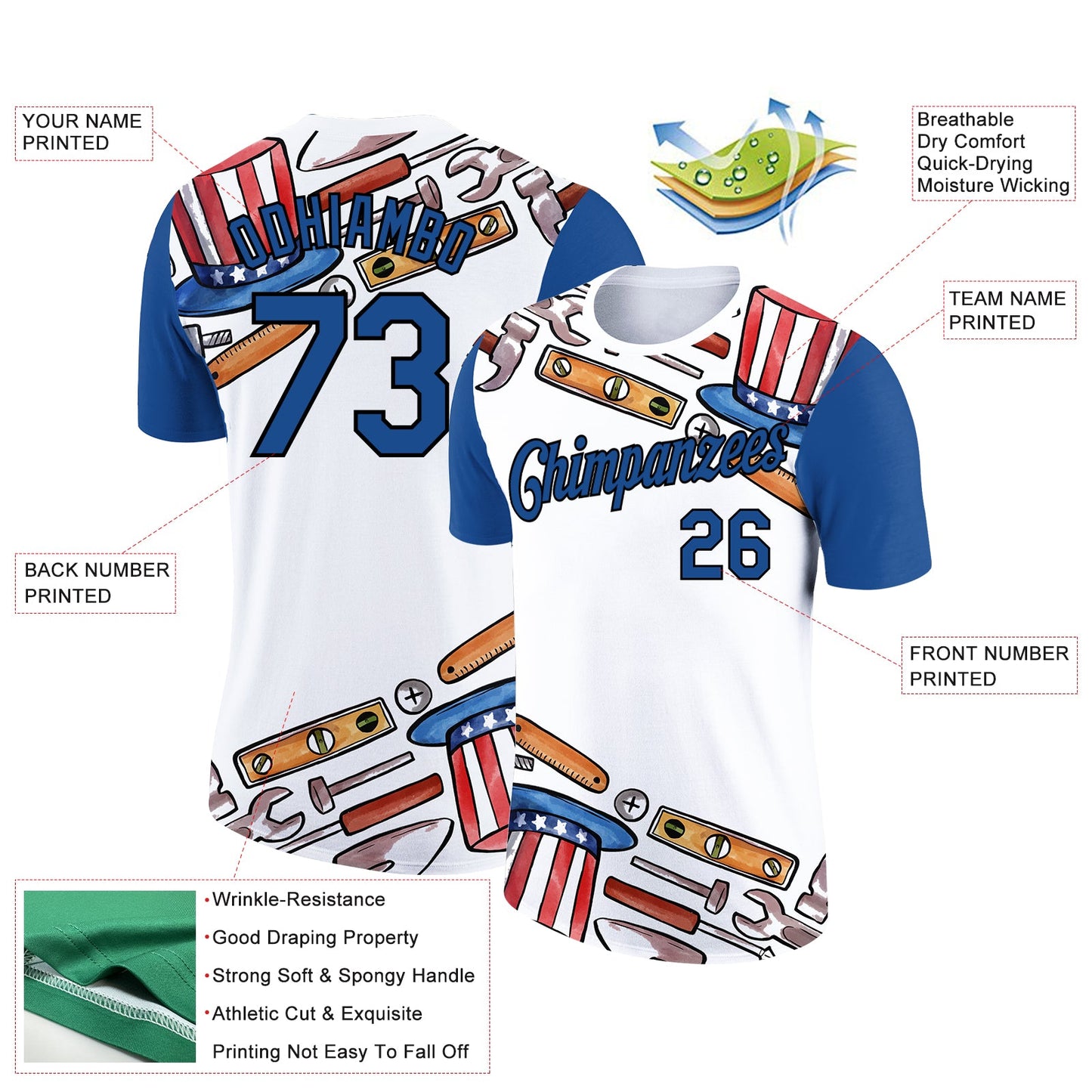Custom White Blue-Black 3D Pattern Design American Flag Tool Labor Day Performance T-Shirt view 2
