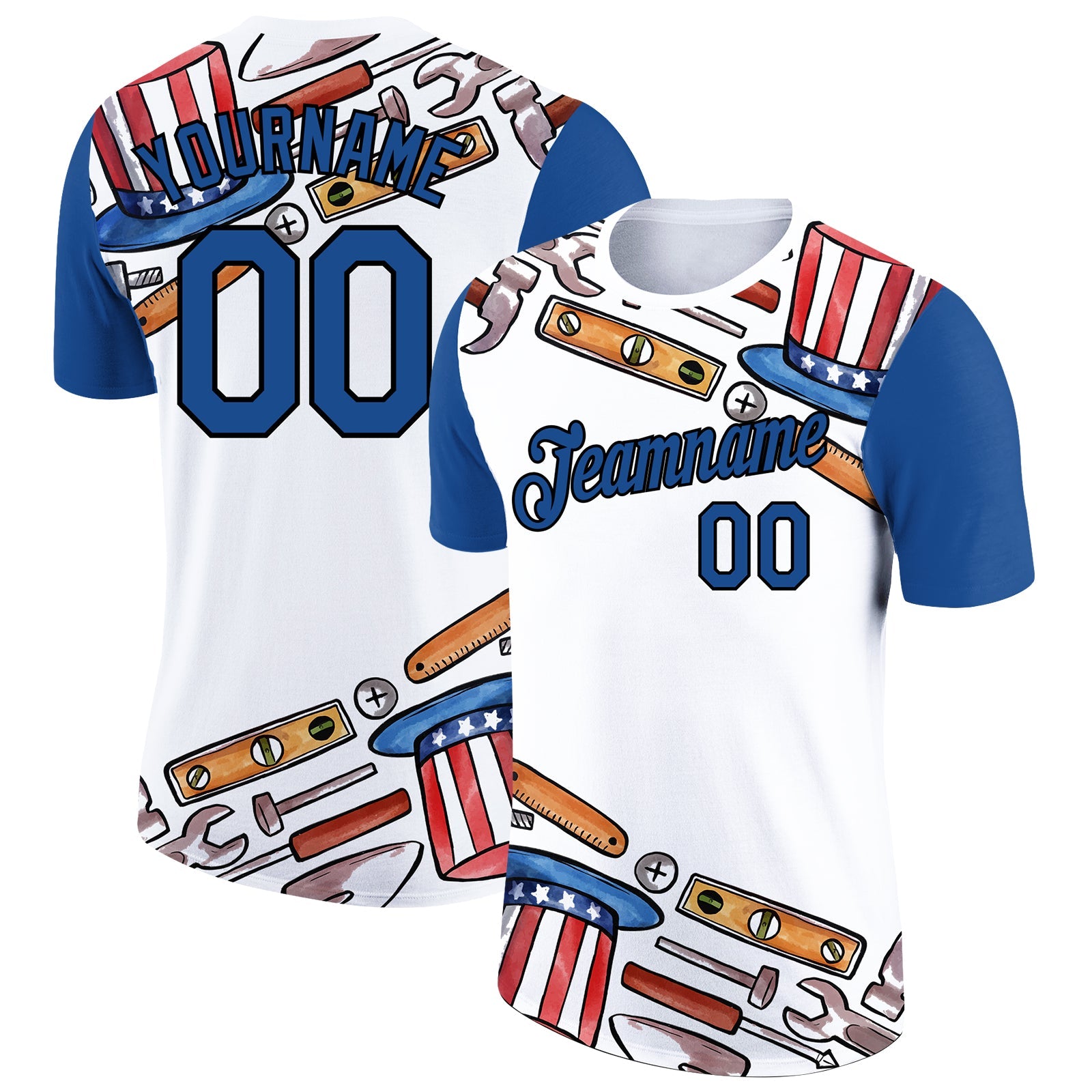 Custom White Blue-Black 3D Pattern Design American Flag Tool Labor Day Performance T-Shirt - Main View