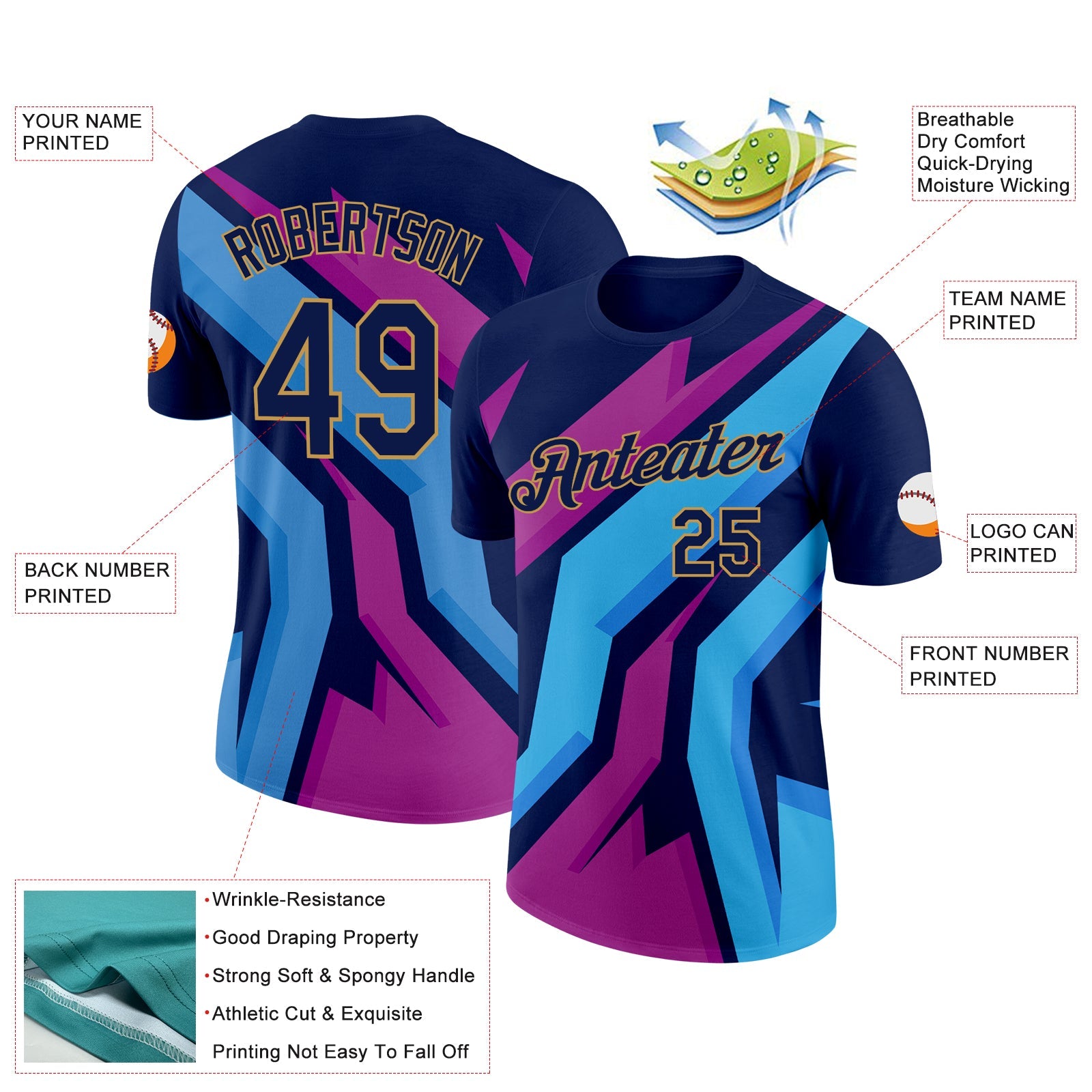 Custom Navy Old Gold 3D Esports Performance T-Shirt view 2