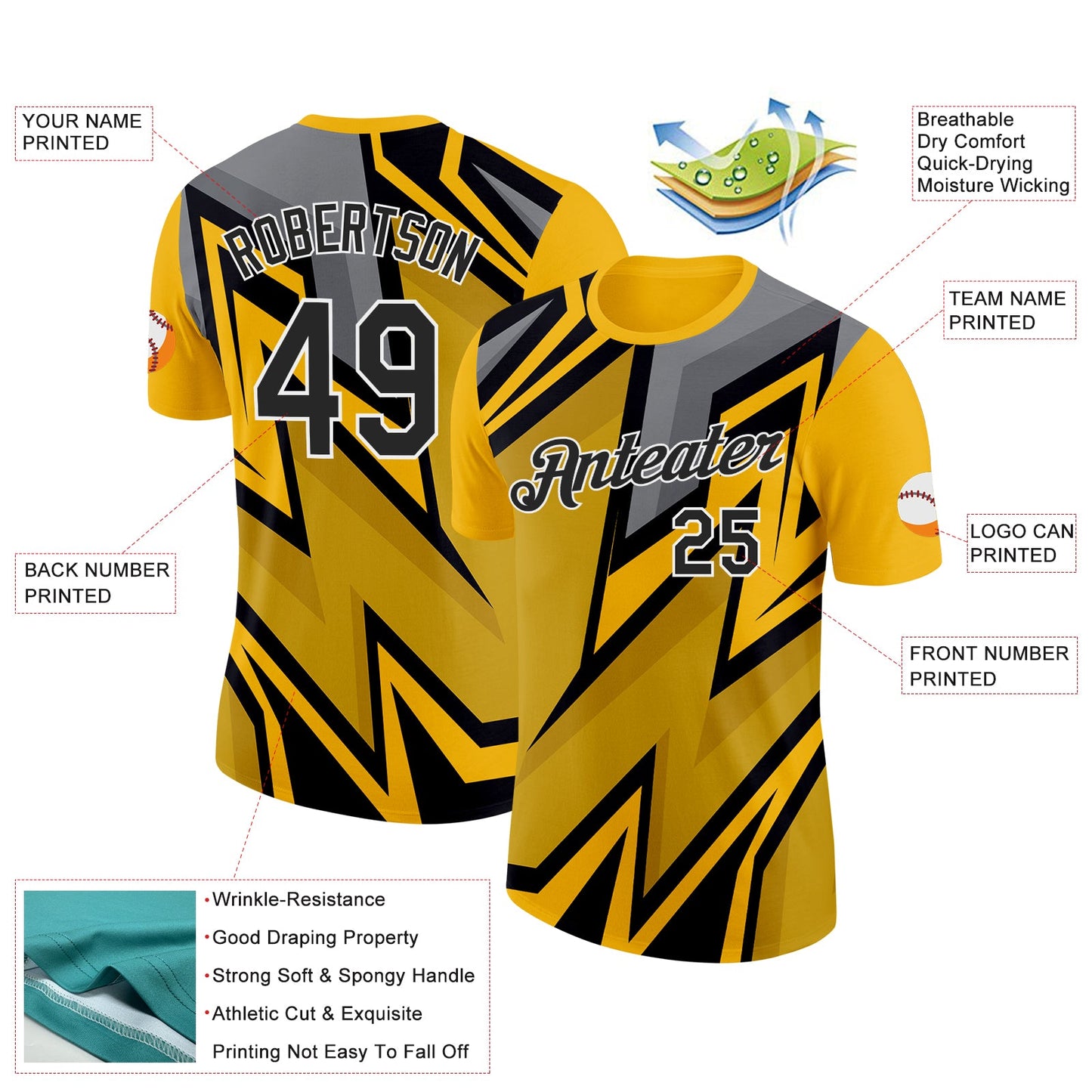 Custom Gold Black-White 3D Esports Performance T-Shirt view 2