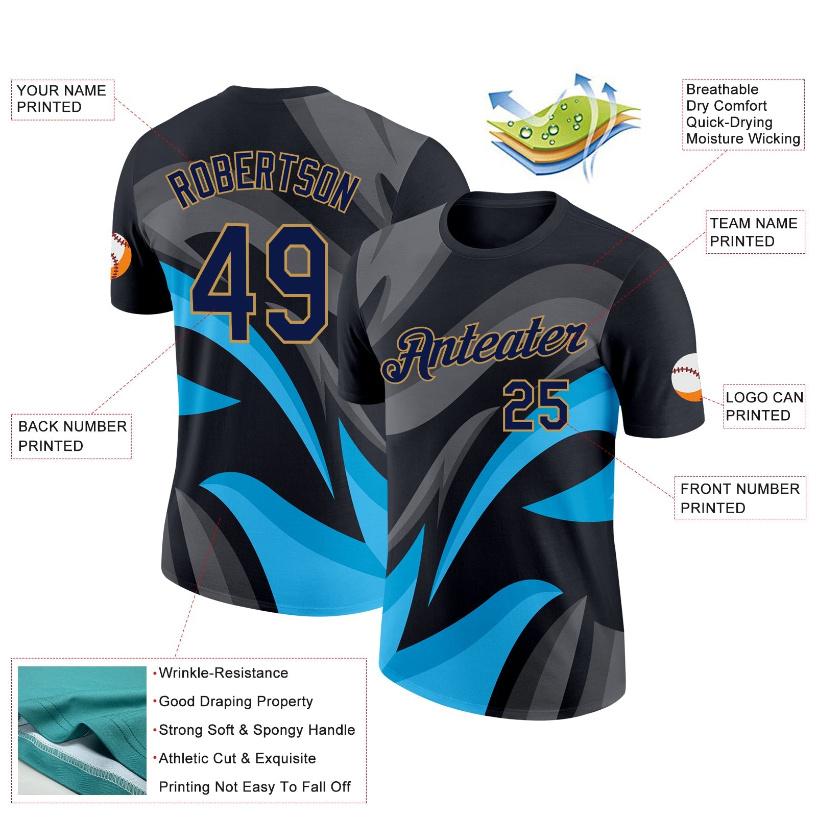 Custom Black Navy-Old Gold 3D Esports Performance T-Shirt view 2