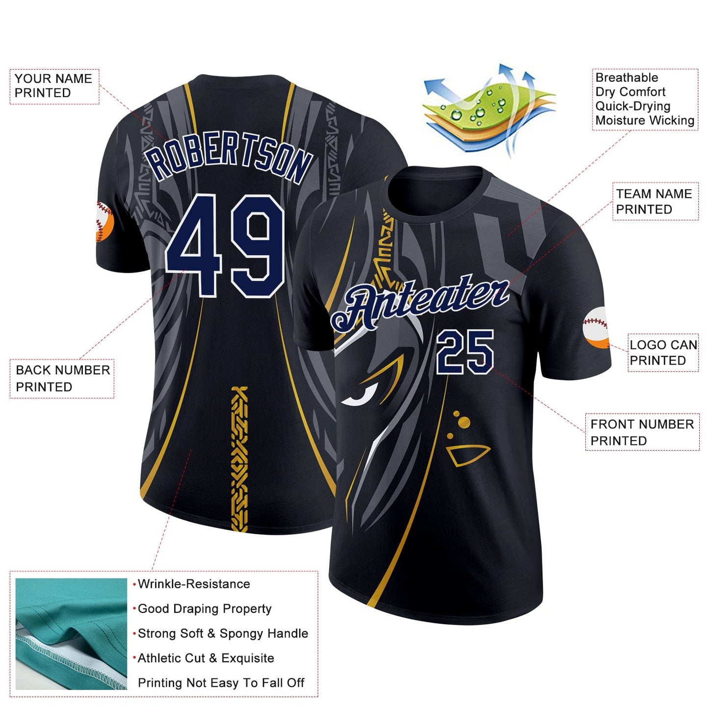 Custom Black Navy-White 3D Esports Performance T-Shirt view 2