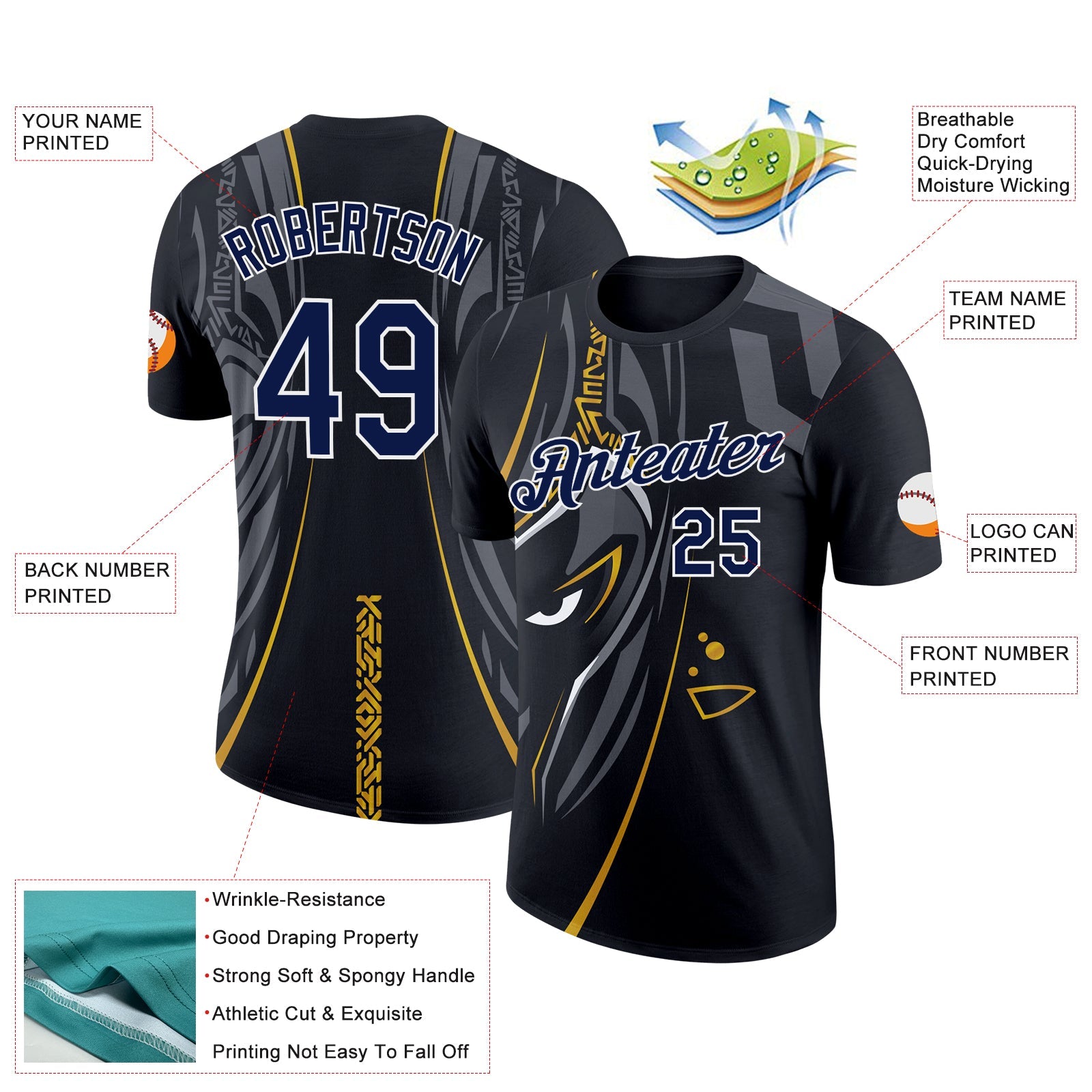 Custom Black Navy-White 3D Esports Performance T-Shirt view 2