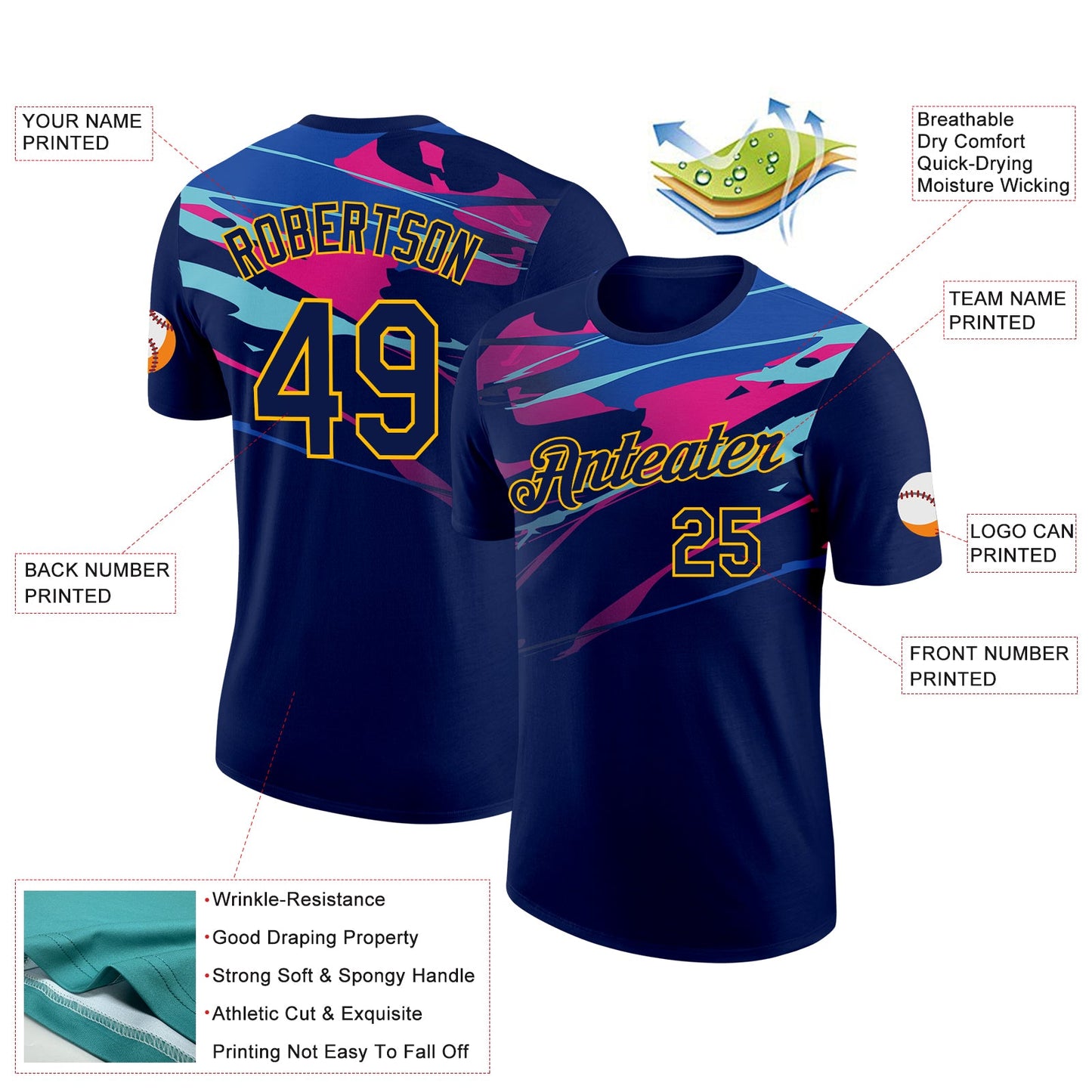 Custom Navy Gold 3D Esports Performance T-Shirt view 2