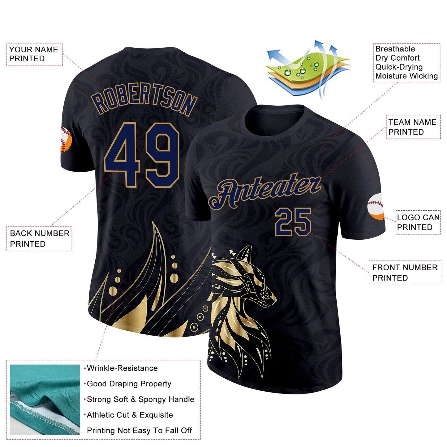 Custom Black Navy-Old Gold 3D Esports Performance T-Shirt view 2