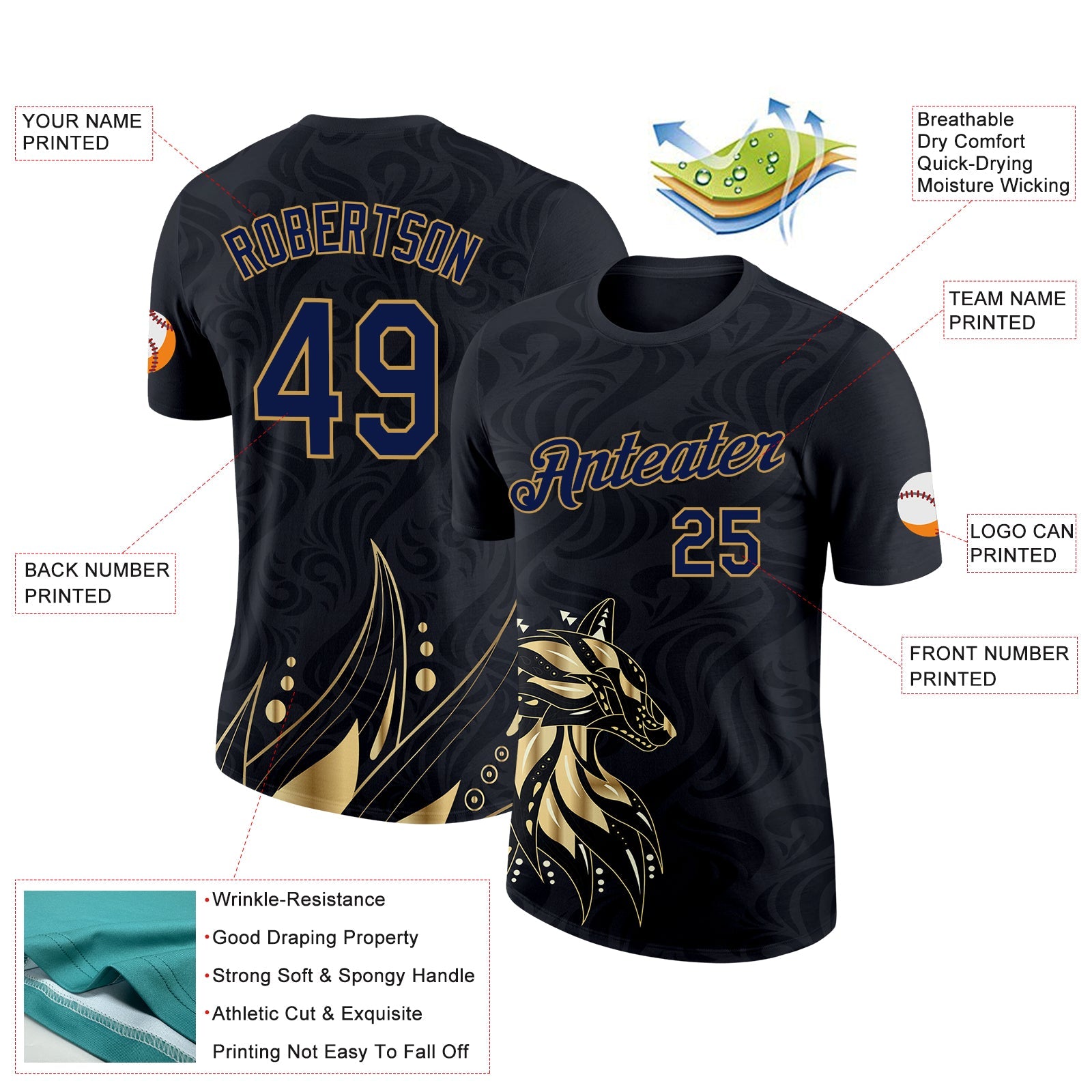 Custom Black Navy-Old Gold 3D Esports Performance T-Shirt view 2
