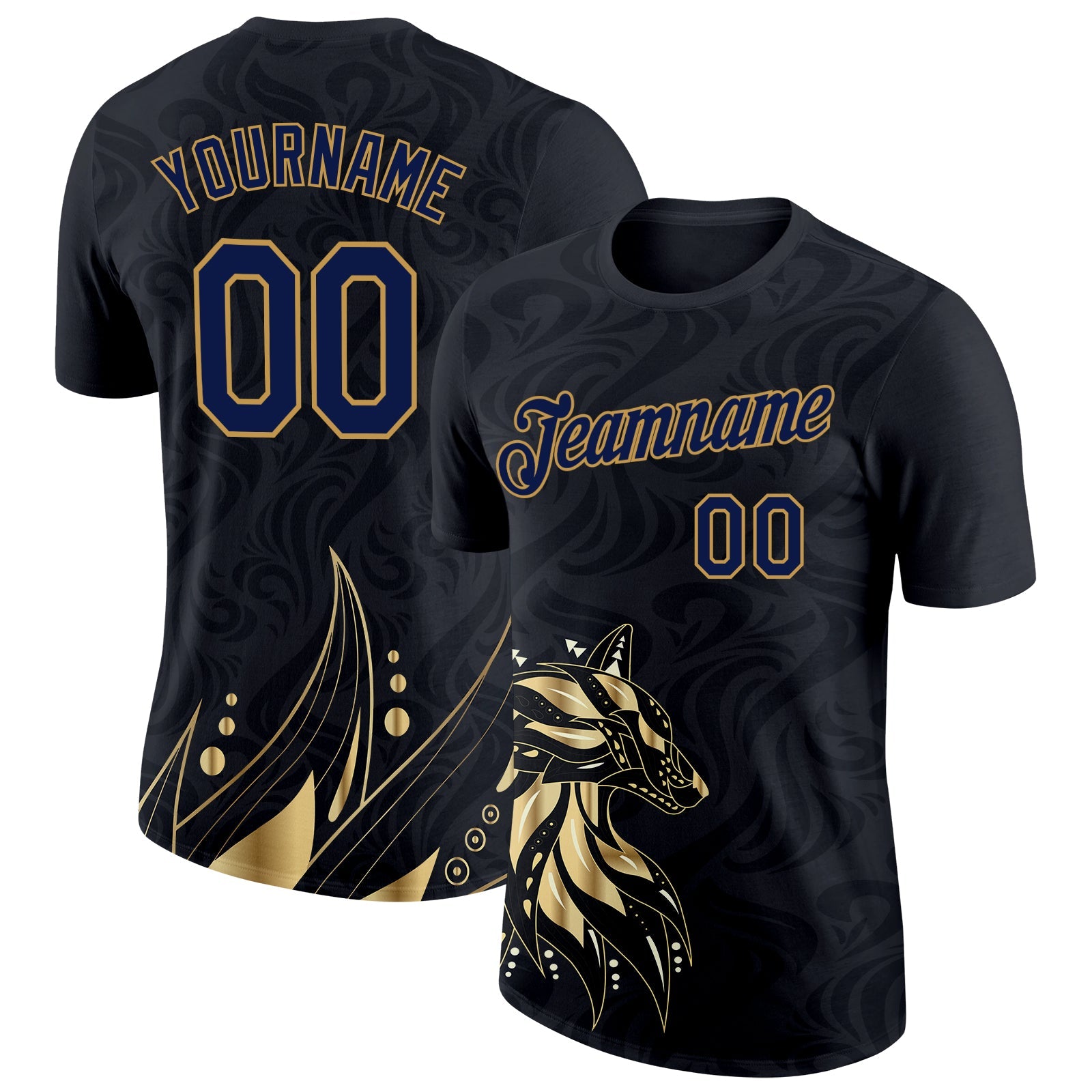 Custom Black Navy-Old Gold 3D Esports Performance T-Shirt - Main View