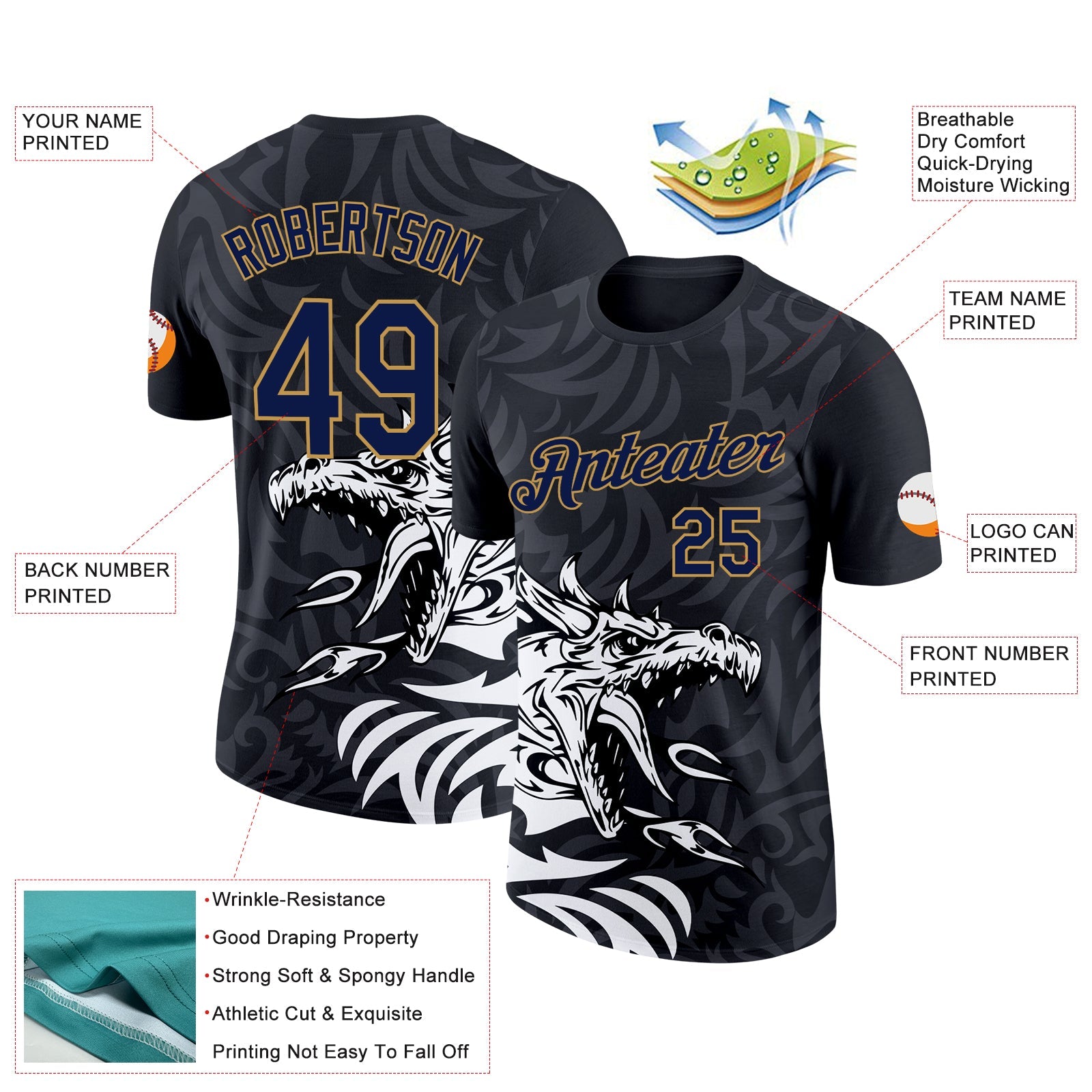 Custom Black Navy-Old Gold 3D Esports Performance T-Shirt view 2