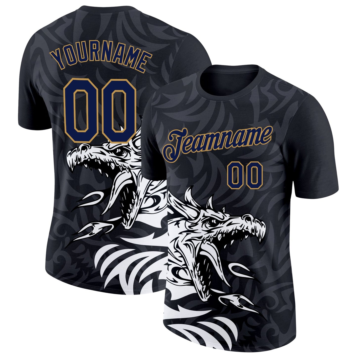 Custom Black Navy-Old Gold 3D Esports Performance T-Shirt - Main View