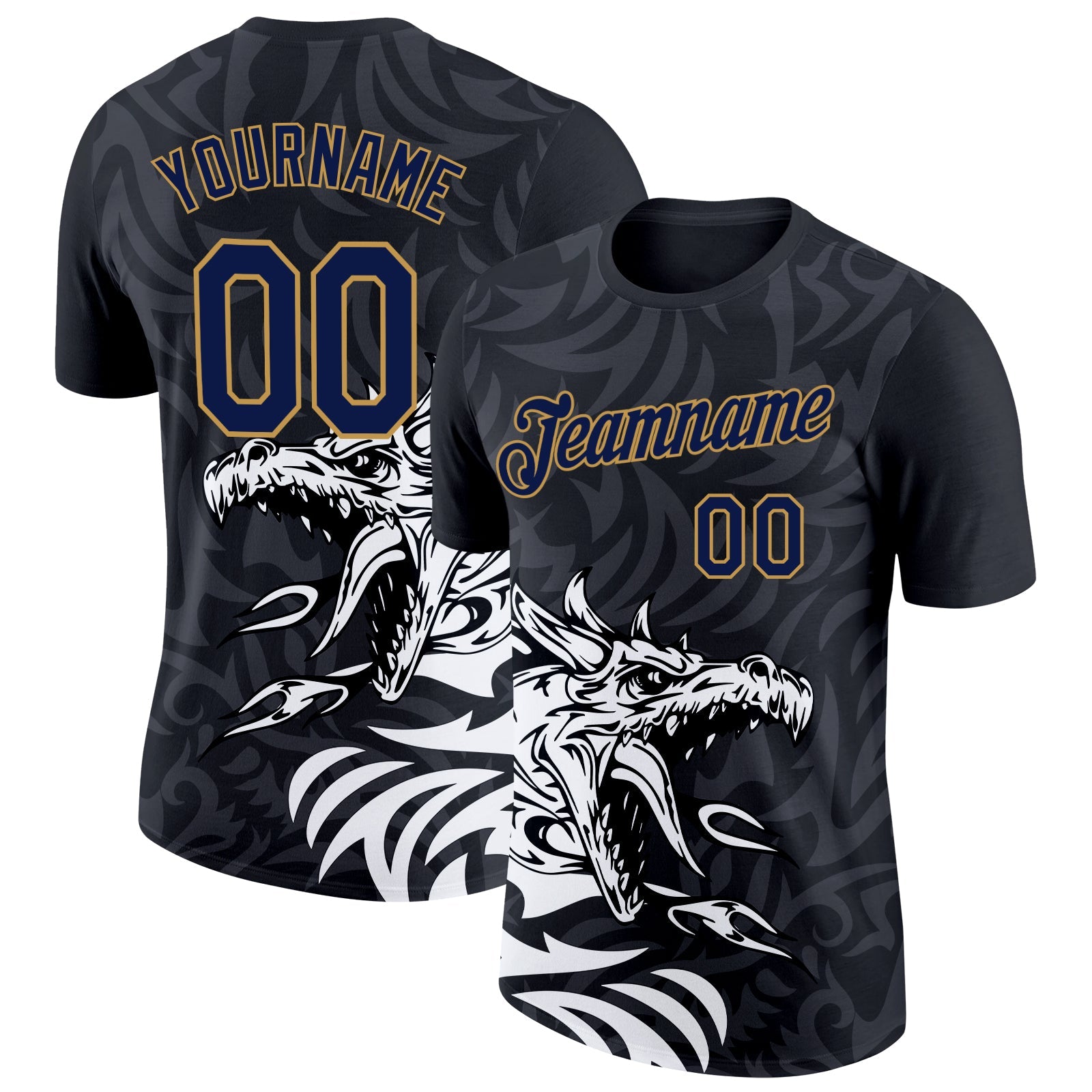 Custom Black Navy-Old Gold 3D Esports Performance T-Shirt - Main View