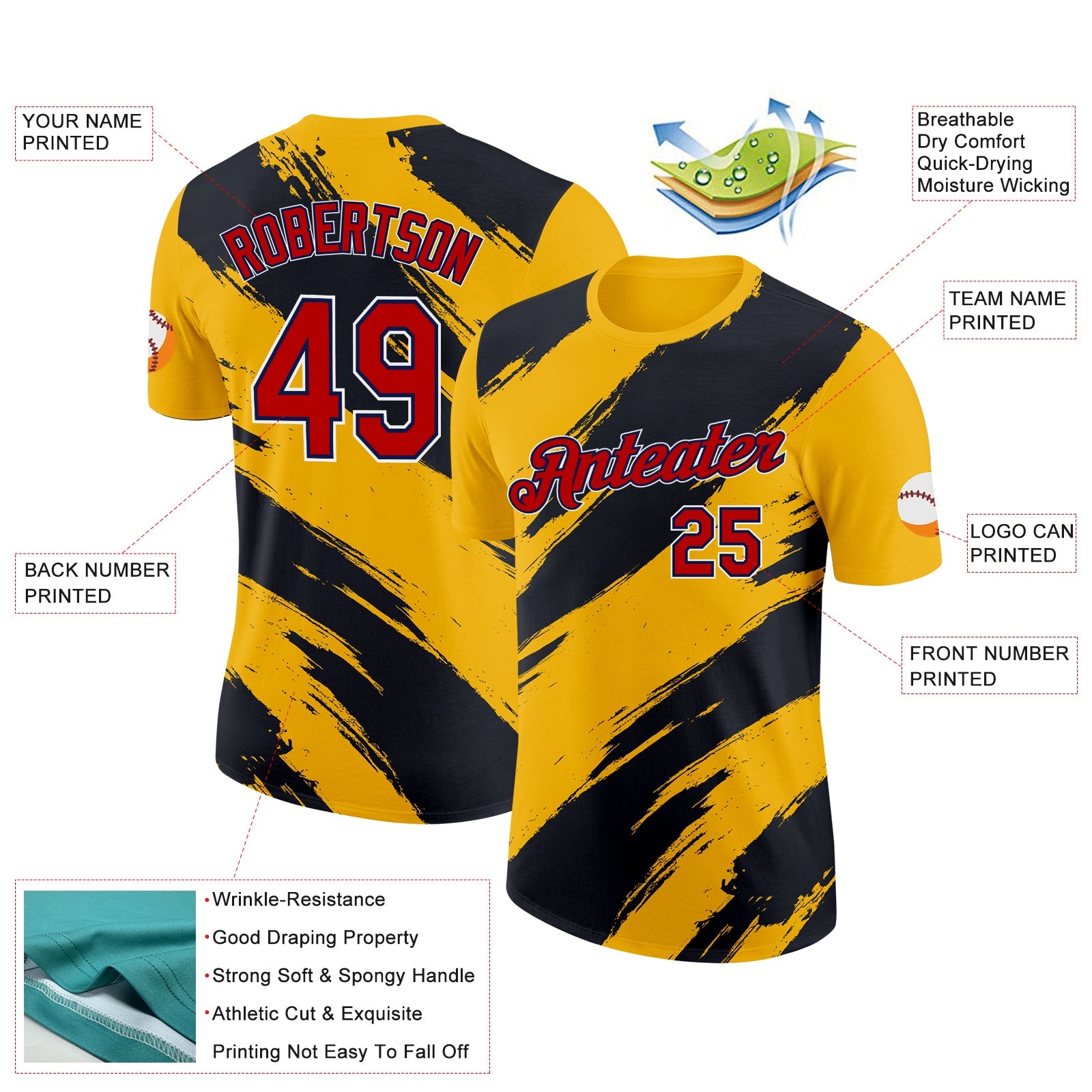 Custom Yellow Red Black-Navy 3D Esports Performance T-Shirt view 2