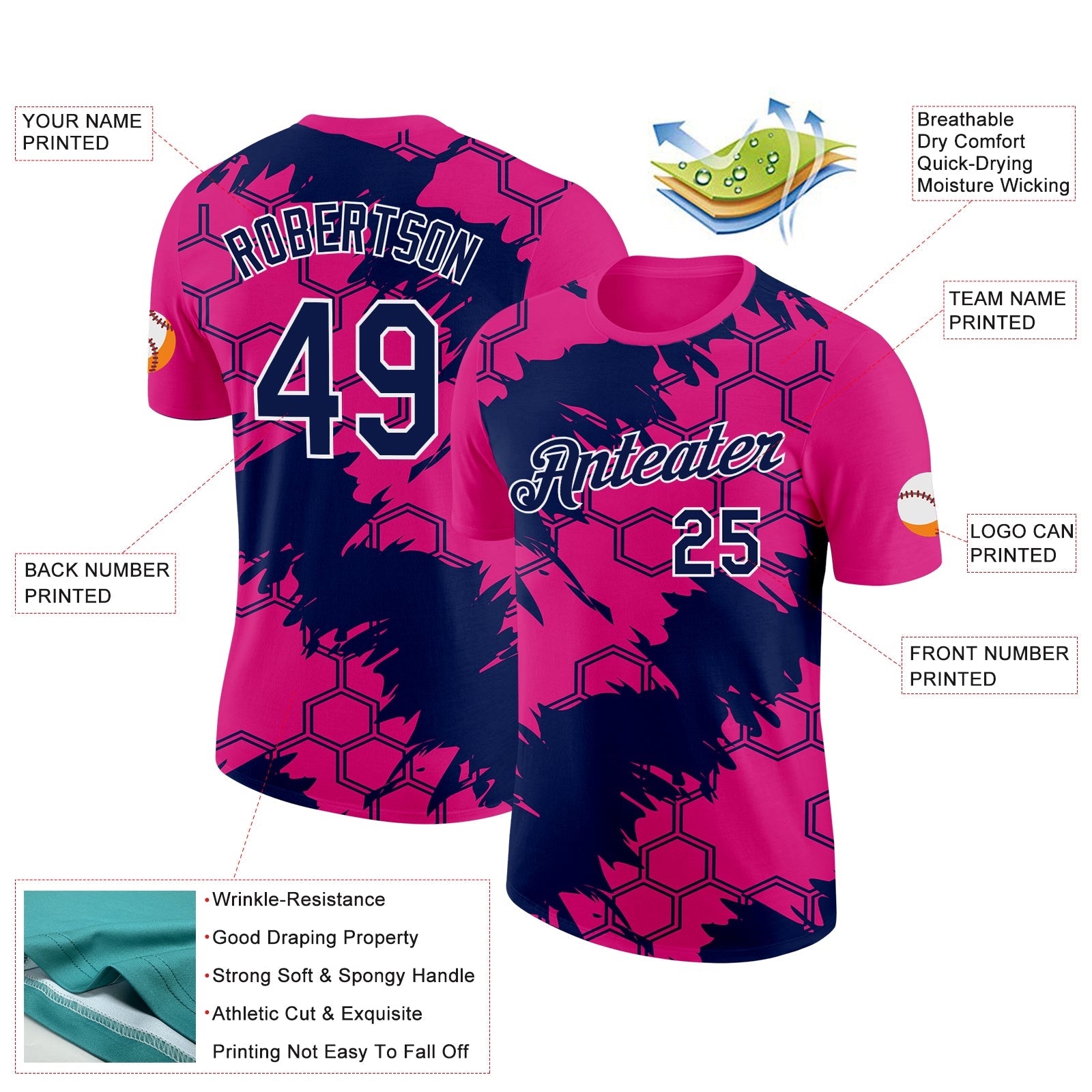 Custom Hot Pink Navy-White 3D Esports Performance T-Shirt view 2