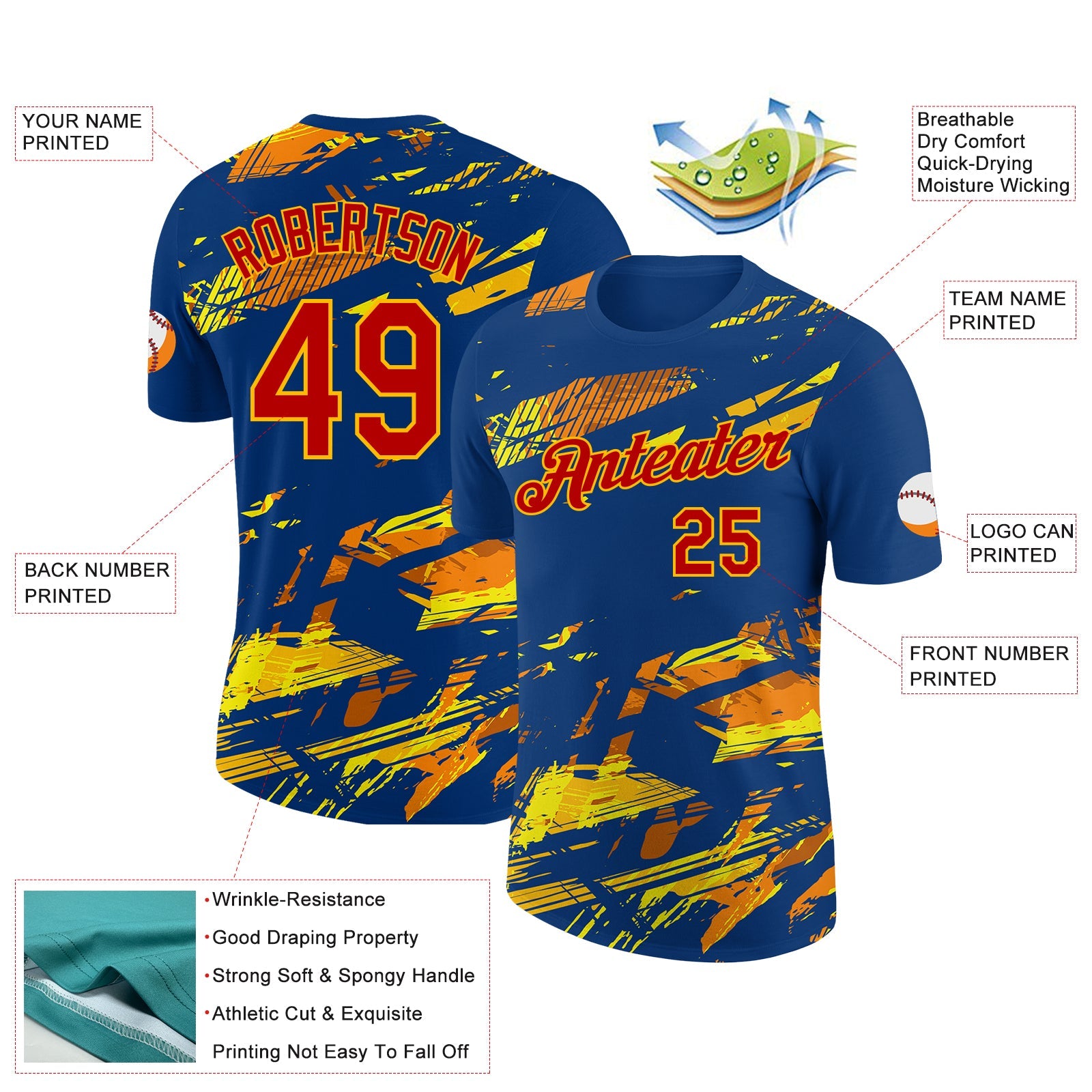 Custom US Navy Blue Red Gold-Orange 3D Esports Performance T-Shirt view 2