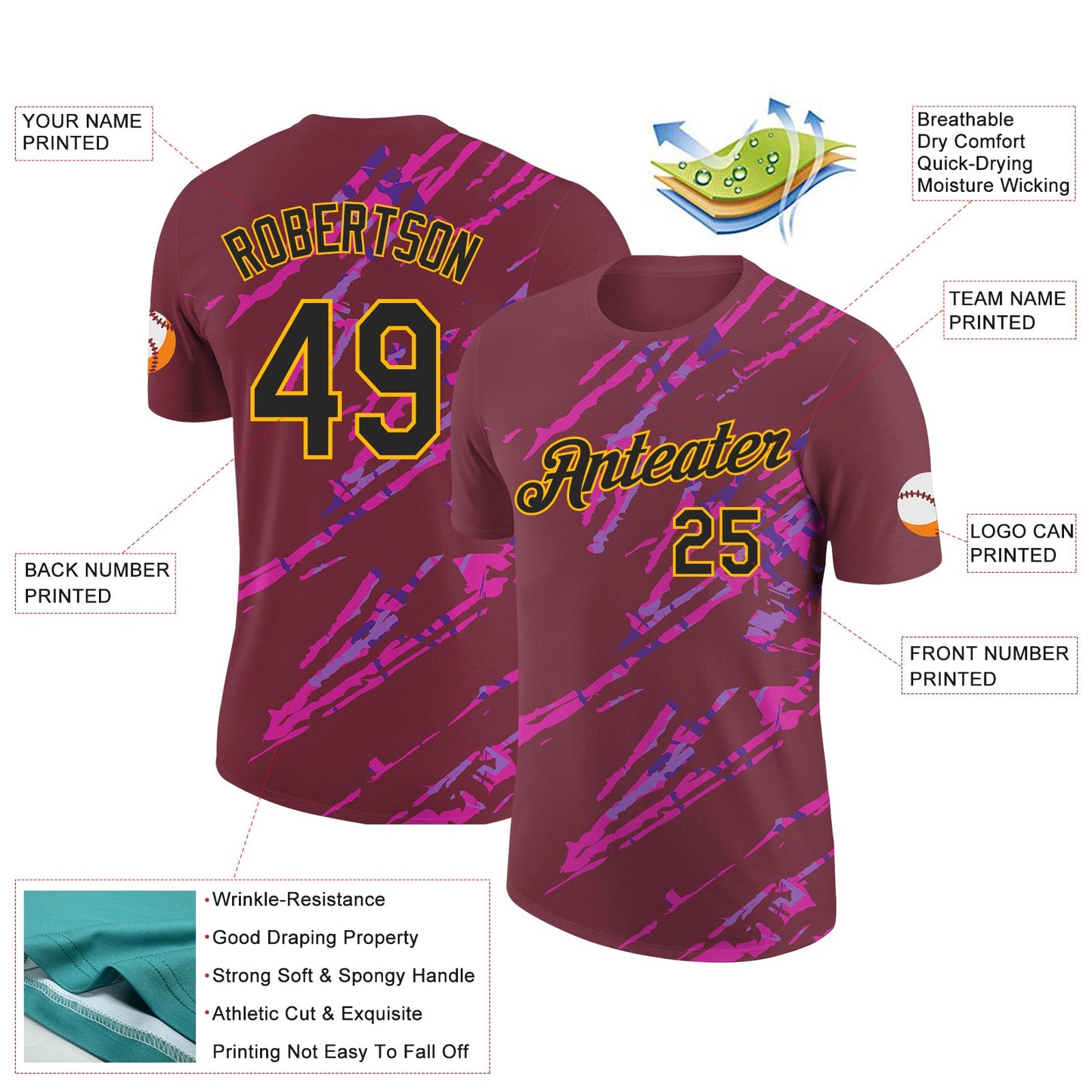 Custom Burgundy Black Gold-Deep Pink 3D Esports Performance T-Shirt view 2