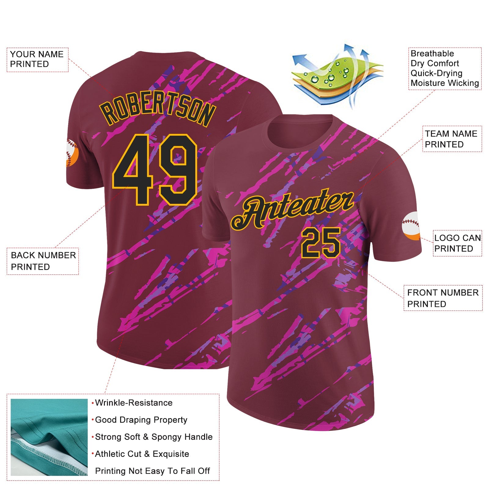 Custom Burgundy Black Gold-Deep Pink 3D Esports Performance T-Shirt view 2
